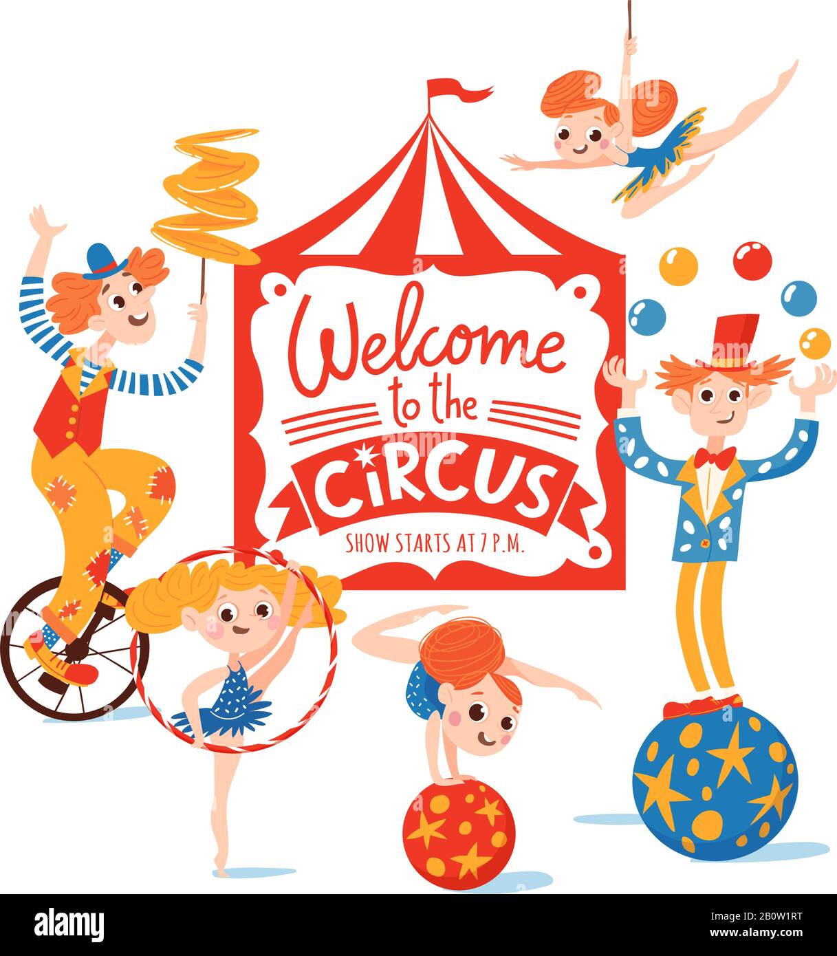 Welcom al manifesto del vettore circus con lettere e personaggi carini del cartone animato Illustrazione Vettoriale