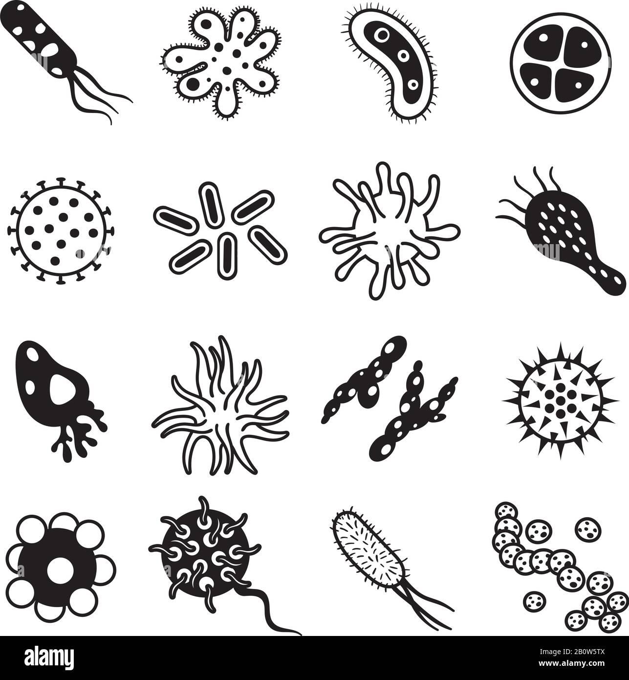 Malattie biologiche virus e muffe batteri igiene icona. Malattie biologiche e set di vettori di icone nere immuni Illustrazione Vettoriale