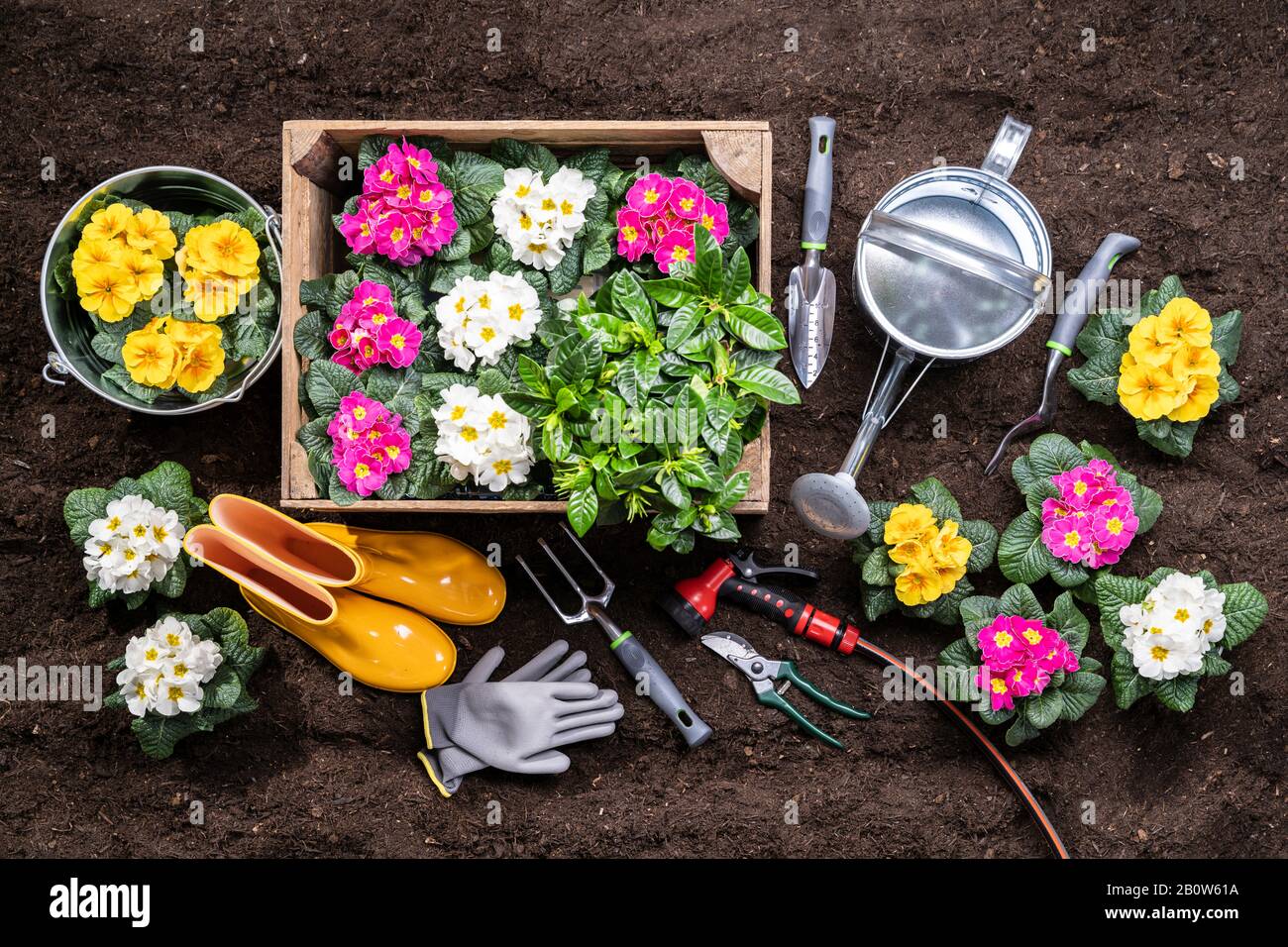 Giardinaggio Attrezzi E Vasi Di Fiori Pronti Per Essere Piantati In Giardino Foto Stock