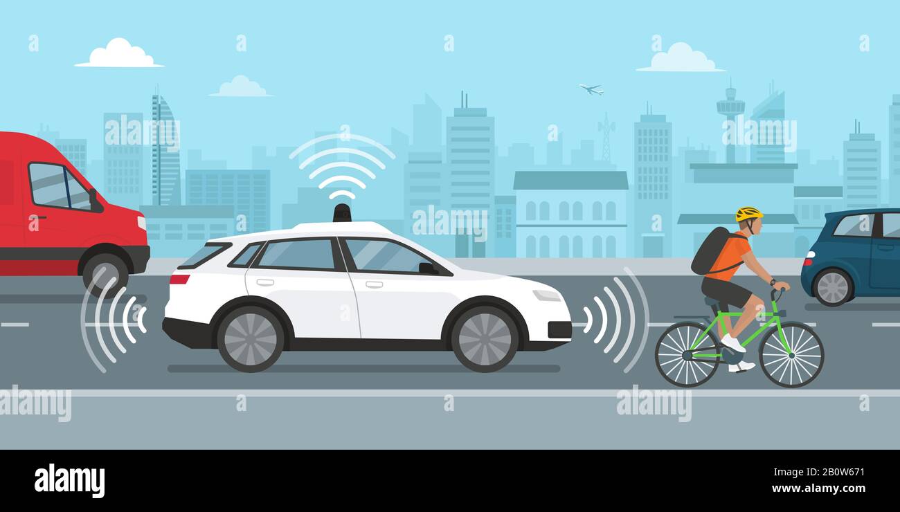 Auto a guida autonoma che si muove nella strada della città utilizzando GPS e sensori, concetto di tecnologia automobilistica Illustrazione Vettoriale