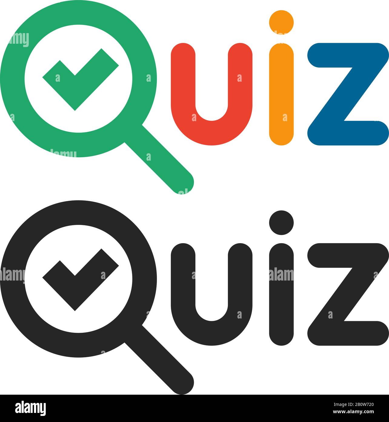 Logo del quiz game show. Quiz e test icona del concorso con il simbolo del segno di spunta. Logotipo della parola vettoriale Illustrazione Vettoriale