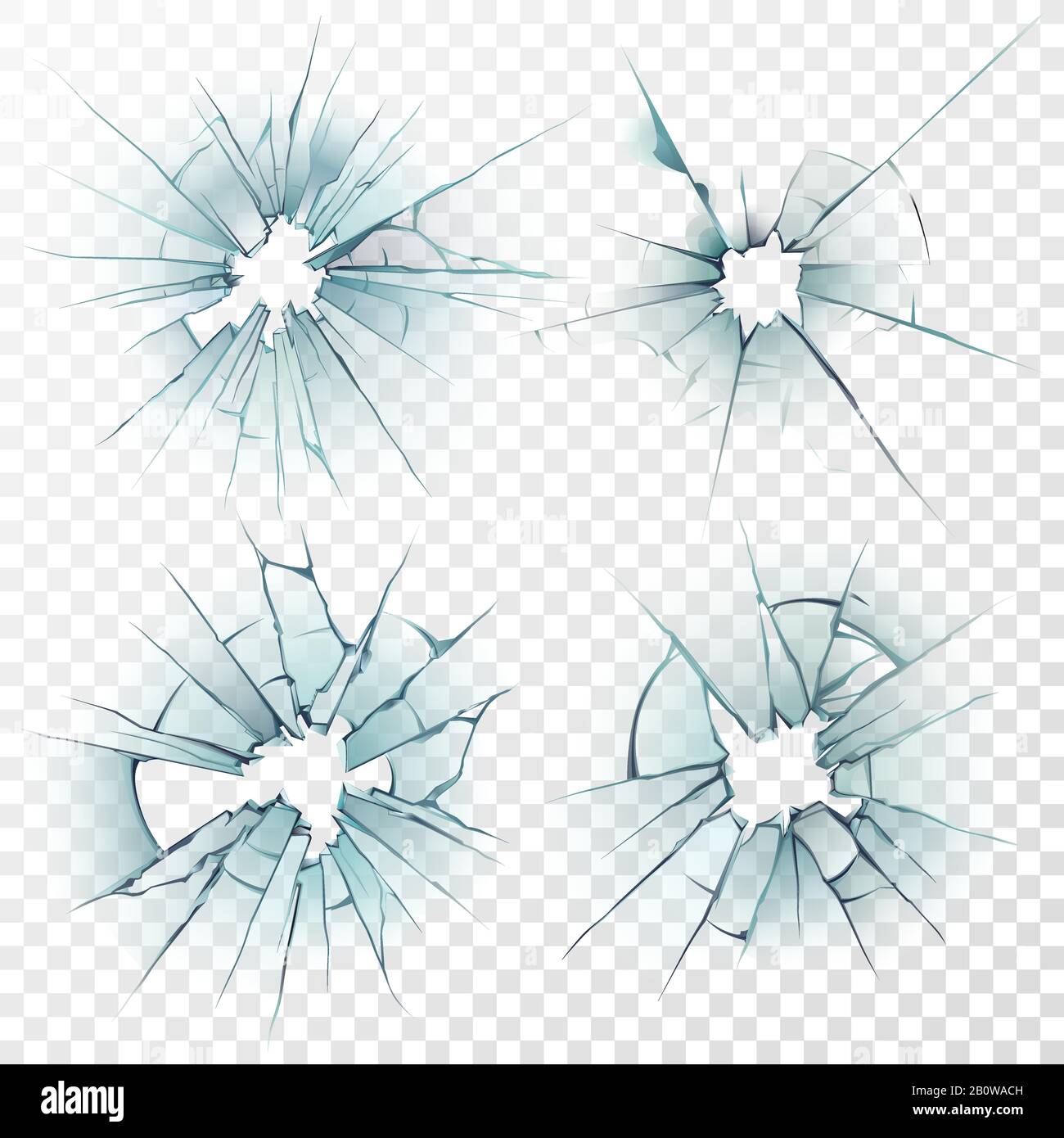 Vetro rotto. Superficie incrinata sullo specchio, smased i vetri o parabrezza dell'automobile danneggiato. Set di vettori per fori di rottura realistici Illustrazione Vettoriale