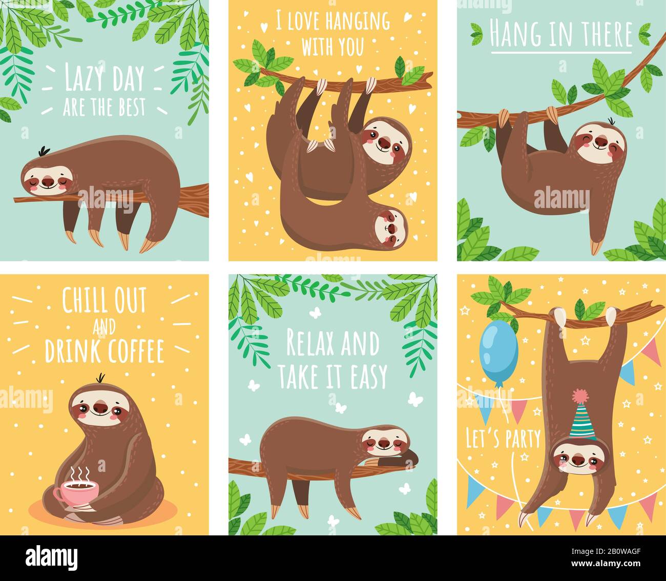 Biglietto d'auguri con pigro sloth. Cartoon carini carino con motivazione e testo di congratulazioni. Set di illustrazioni per gli animali con numero ridotto Illustrazione Vettoriale