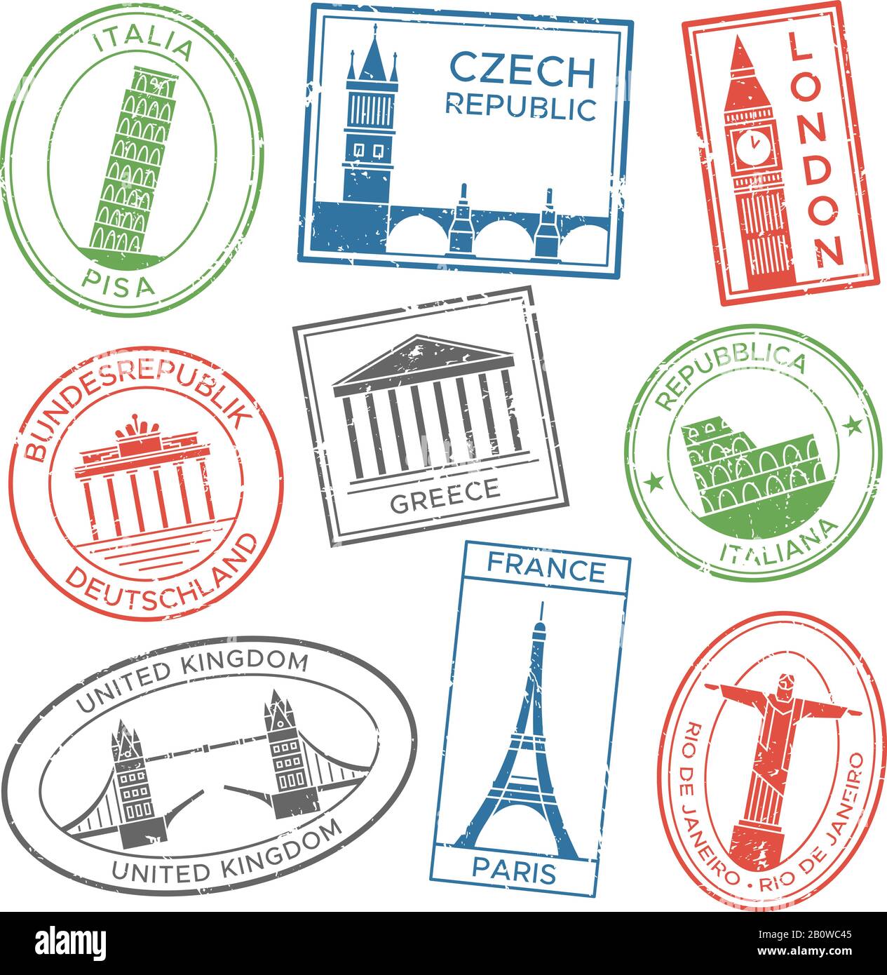 Francobolli da viaggio vintage per cartoline con attrazioni architettoniche in europa. Adesivi per il timbro postale per il set di vettori per cartoline da viaggio Illustrazione Vettoriale