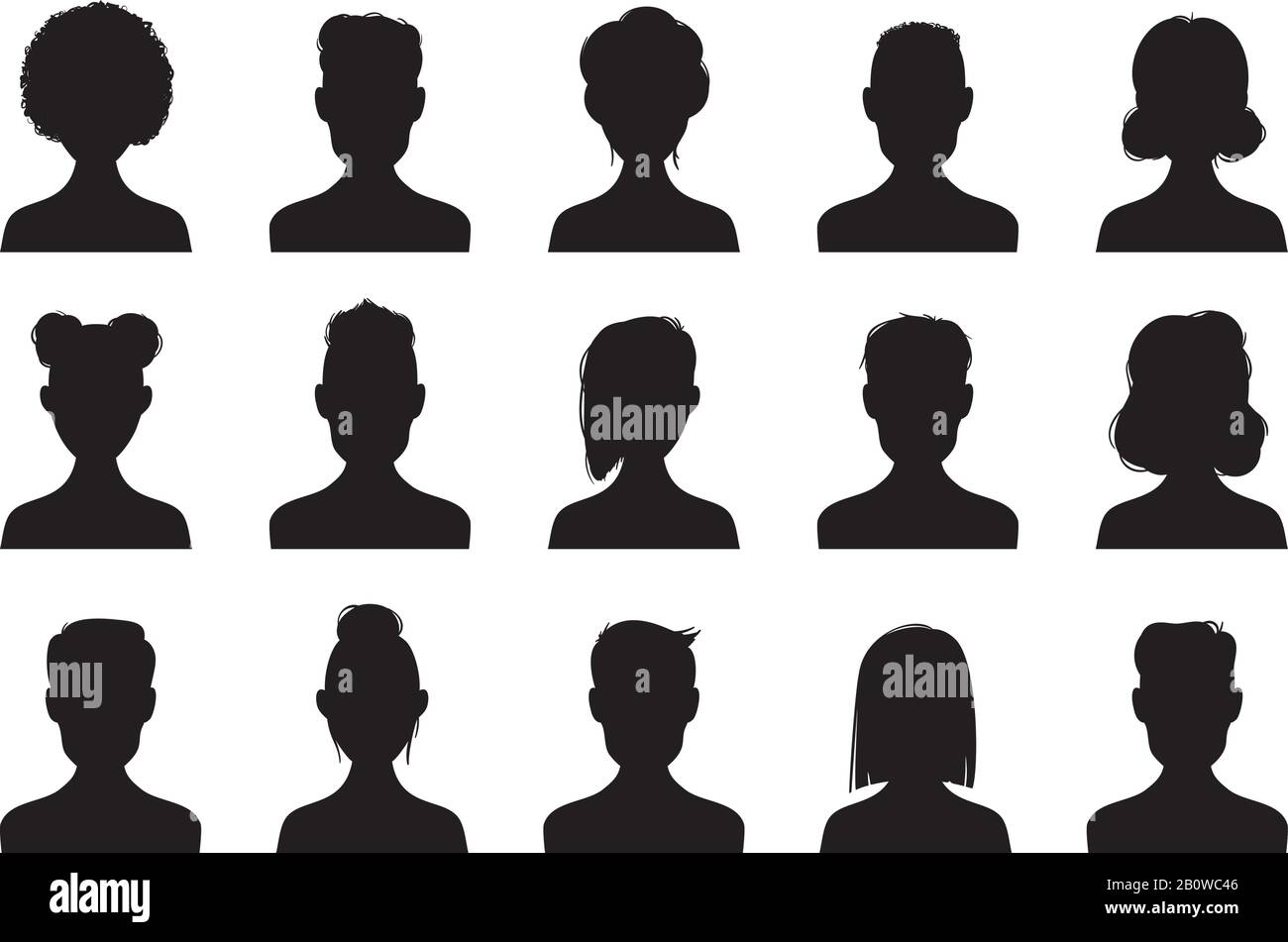 Icone della silhouette degli utenti. Silhouette a testa maschio e femmina. Persona anonima testa avatar vettore icona set Illustrazione Vettoriale