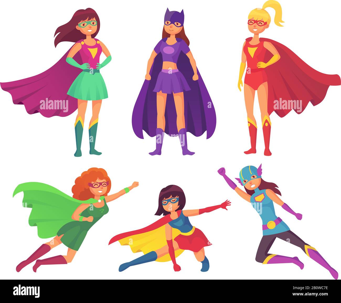 Personaggi femminili dei supereroi. Meraviglia protagonista femminile in costume da supereroe con mantello ondeggiante. Super ragazze cartone animato set Illustrazione Vettoriale