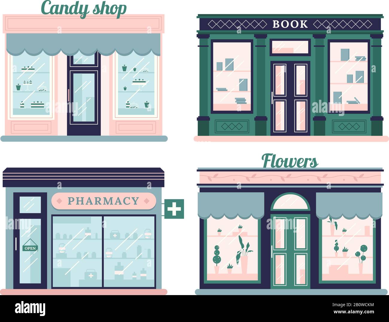 Set di negozi moderni. La facciata del negozio di caramelle e il negozio di libri urbano. Farmacia locale e boutique di fiori. Set di vettori per vetrina all'aperto Illustrazione Vettoriale
