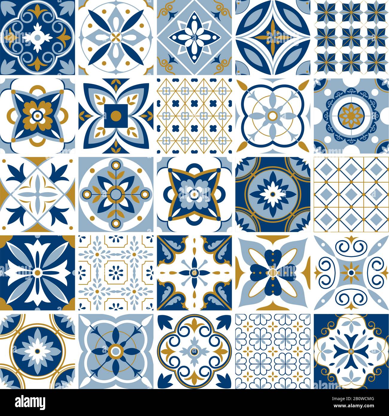 Modello marocchino. Decorazione texture piastrelle con ornamento blu. Tradizionale arabo e ceramica indiana piastrelle senza cuciture disegni vettore set Illustrazione Vettoriale