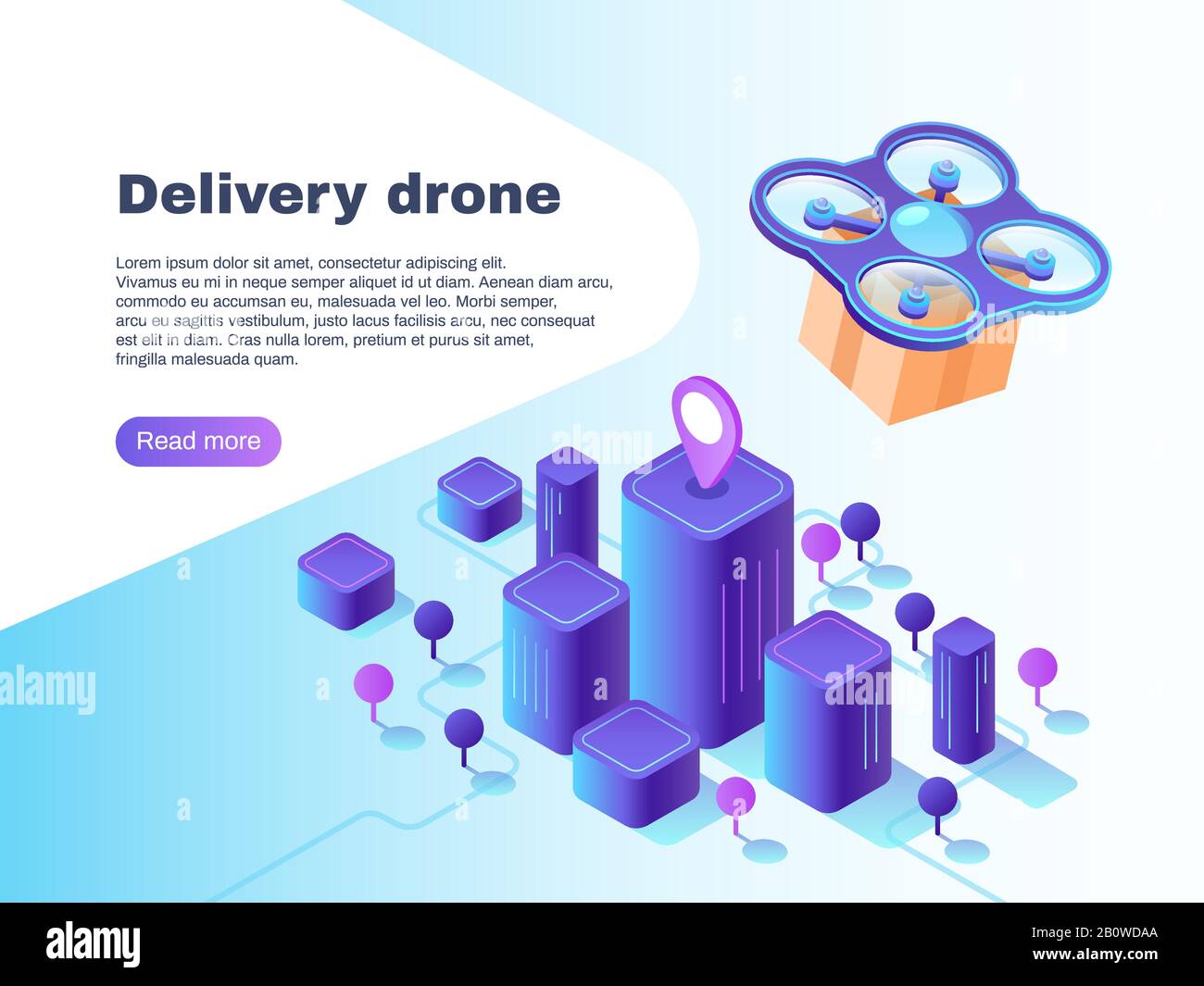 Moderno sistema di consegna futuristico con drone senza equipaggio. Illustrazione del concetto di vettore di distribuzione dei pacchi da parte della polizia di volo Illustrazione Vettoriale