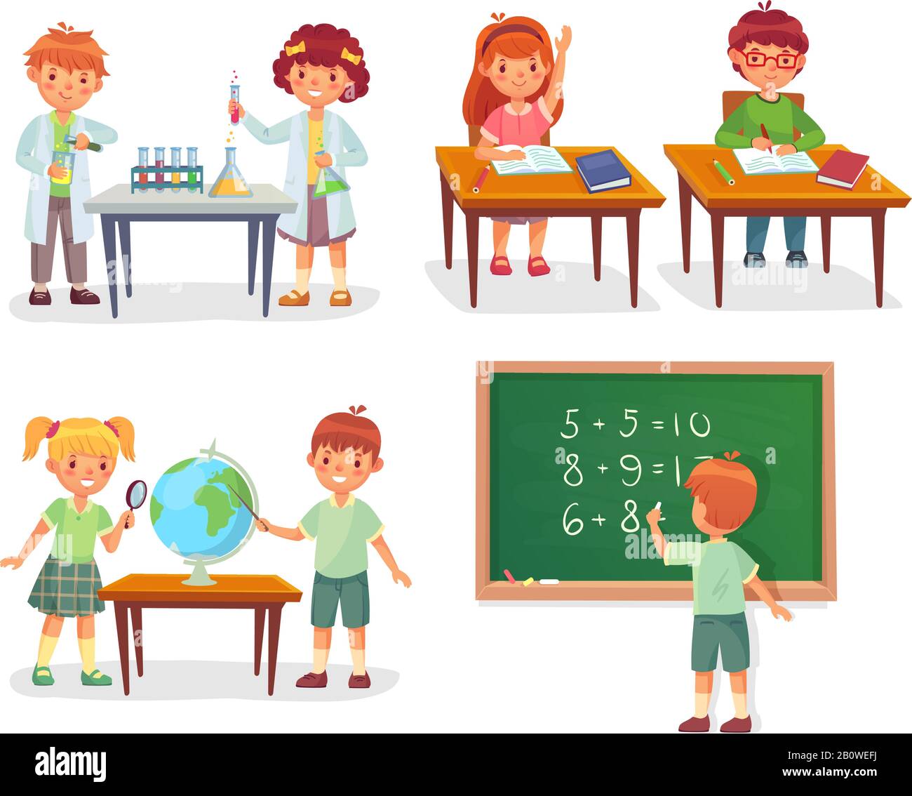 Bambini in lezione di scuola. Scuole primarie alunni di lezioni di chimica, imparare geografia globo o sedersi a desk vettore cartone illustrazione Illustrazione Vettoriale