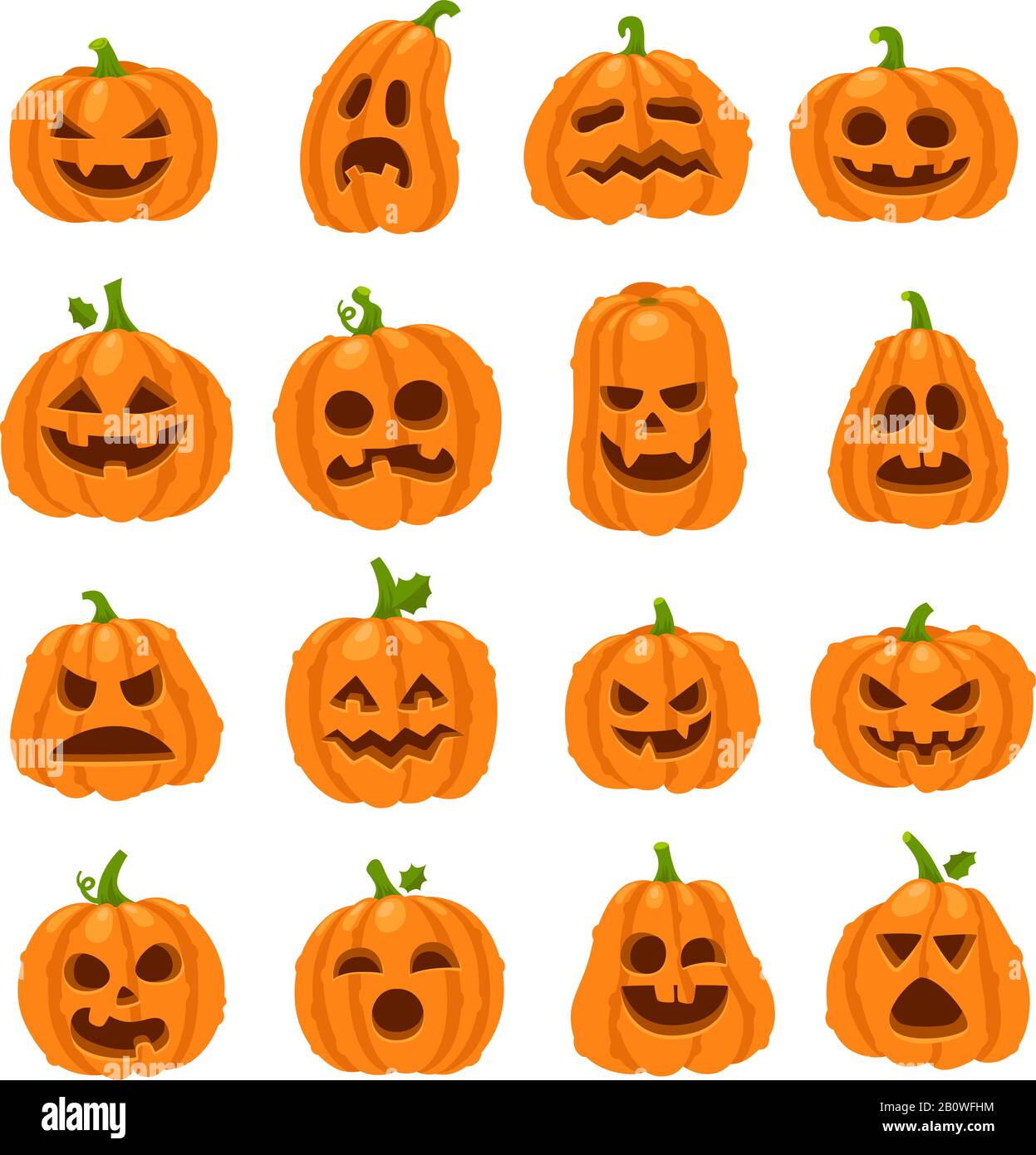 Cartone animato Halloween zucca. Zucche arancioni con carving spaventose facce sorridenti. Decorazione Gourd verdure felice faccia vettore insieme di icone Illustrazione Vettoriale