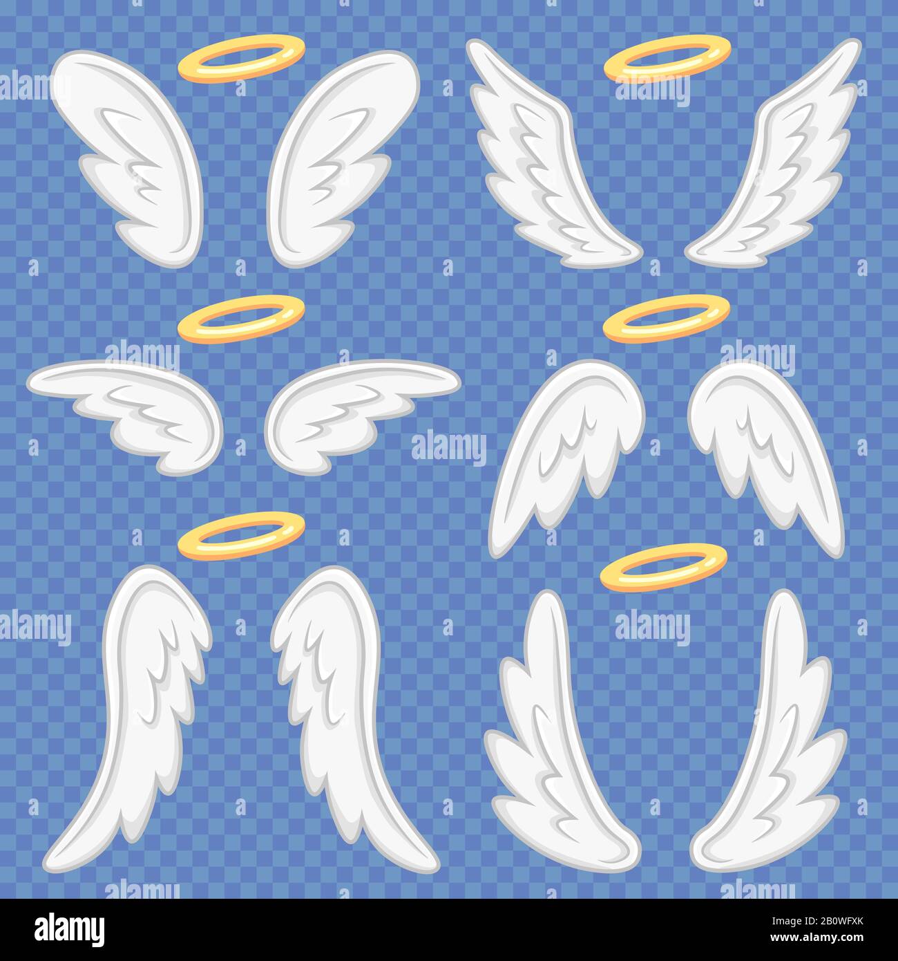 Ali di angelo di cartone animato. Santo angelico nimbus e angeli ala. Set di illustrazioni vettoriali di angeles con ali di volo Illustrazione Vettoriale