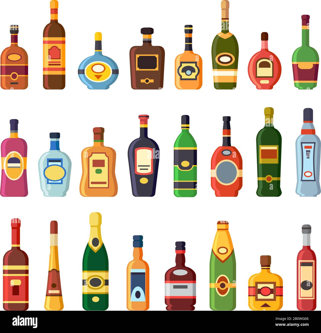 Bottiglie di alcool. Bottiglia di liquore alcolico con vodka, cognac e  liquore. Whisky, rum o liquori di brandy isolato icone piatte set Immagine  e Vettoriale - Alamy