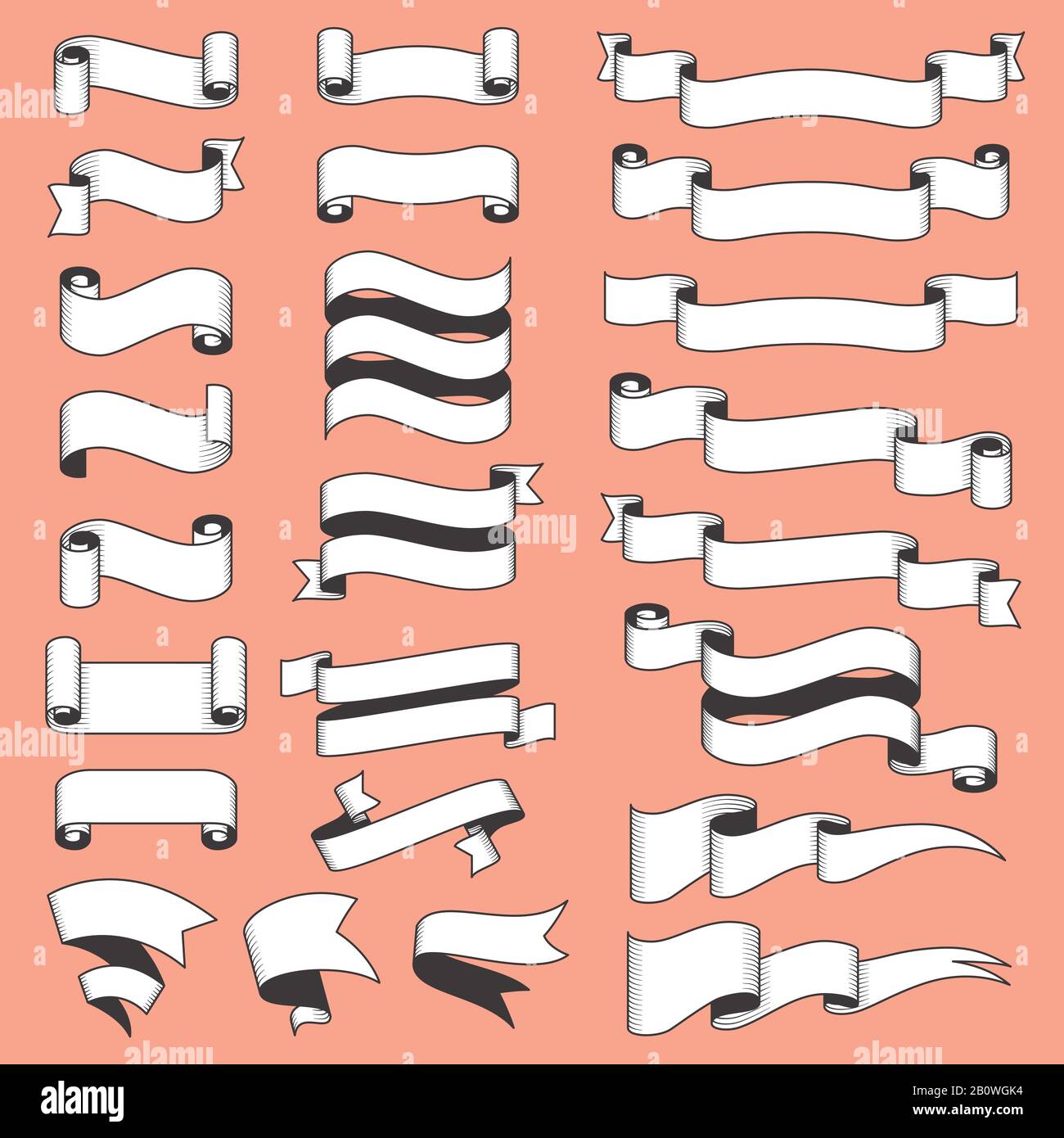 Nastri piatti vintage. Banner inciso retro con nastro bianco e nero. Vecchio set di vettori per striscioni in stile incisione Illustrazione Vettoriale