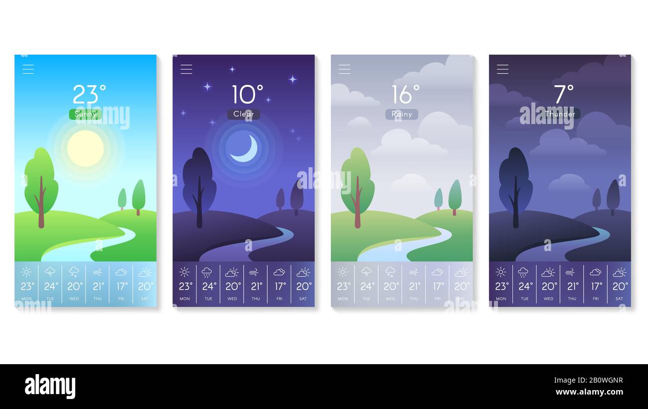 Paesaggio per l'app meteo. Bellissimo cielo diurno con sole, luna e nuvole. Sfondo del mattino e del giorno per il concetto di vettore dello schermo mobile Illustrazione Vettoriale