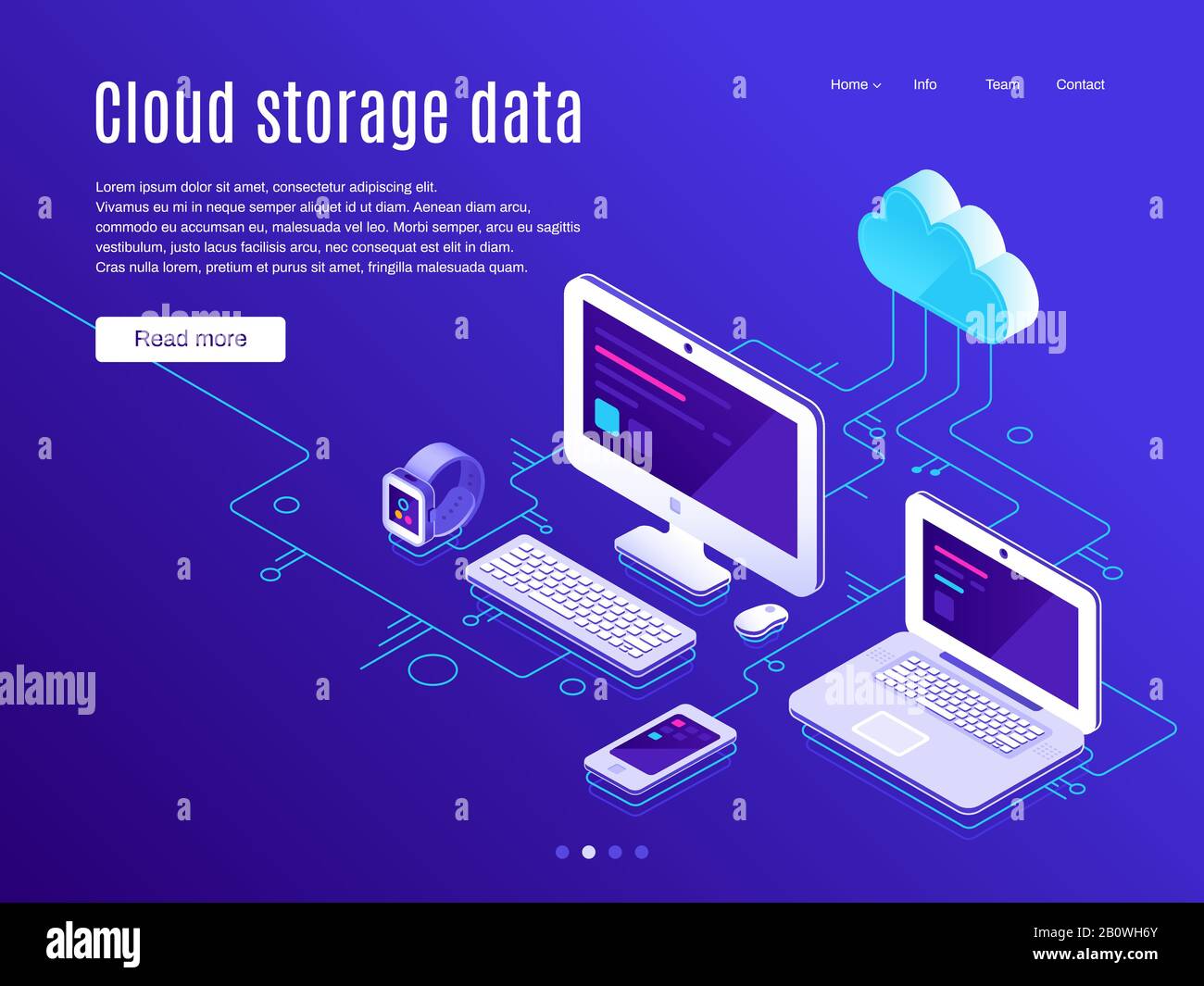 Landing page dello storage cloud. I cloud di sincronizzazione memorizzano e dispositivi, eseguono il backup dei dati e sincronizzano l'illustrazione vettoriale delle applicazioni Illustrazione Vettoriale