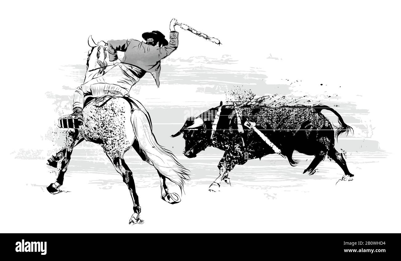 Bullfighter su cavallo con toro durante corrida in Portogallo - illustrazione vettoriale (Ideale per la stampa su tessuto o carta, poster o carta da parati, casa dec Illustrazione Vettoriale