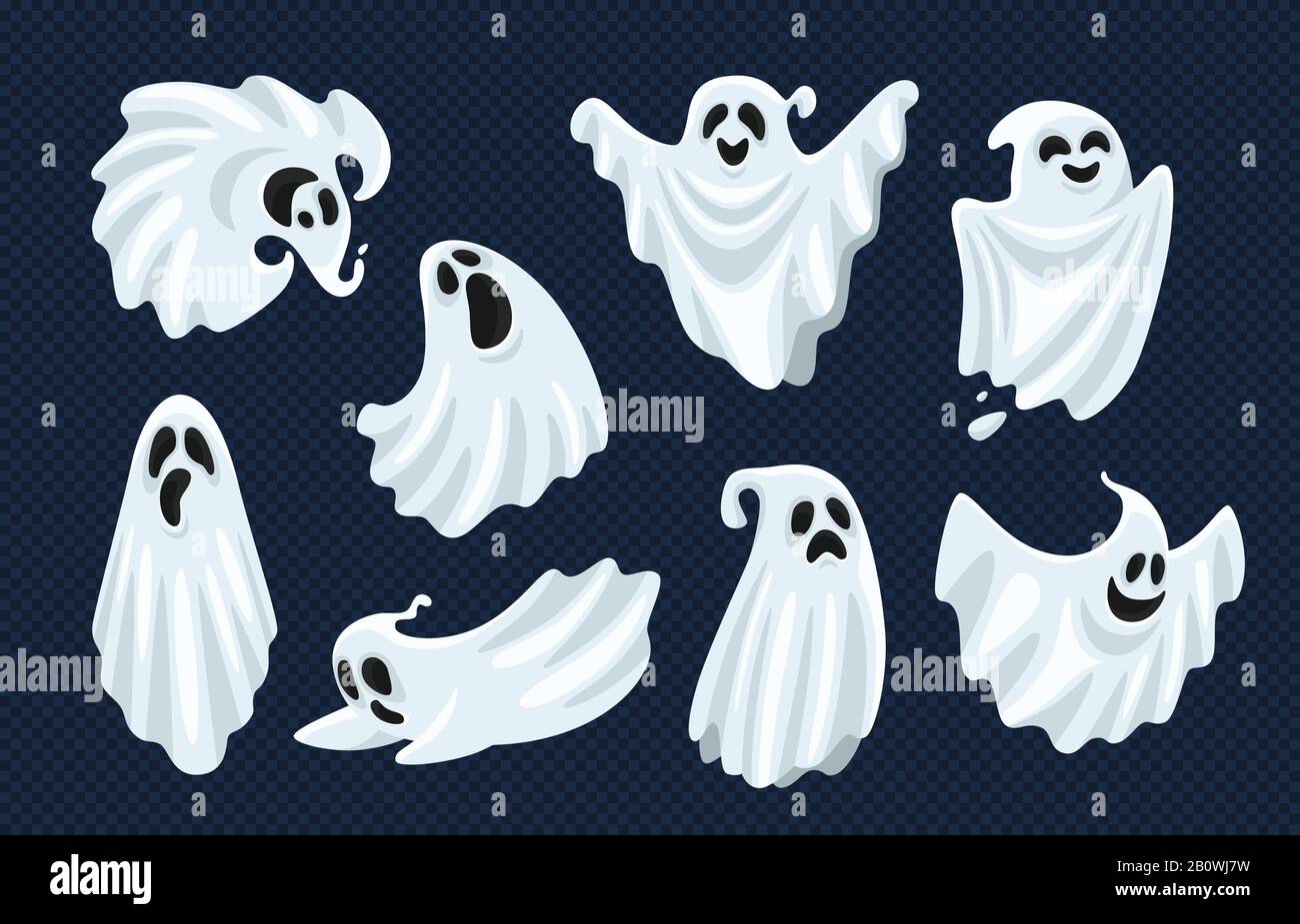 Carattere fantasma. Halloween spaventoso mostro spettrale, morto boo scosso e spooky volare anima isolato vettore cartone animato set Illustrazione Vettoriale