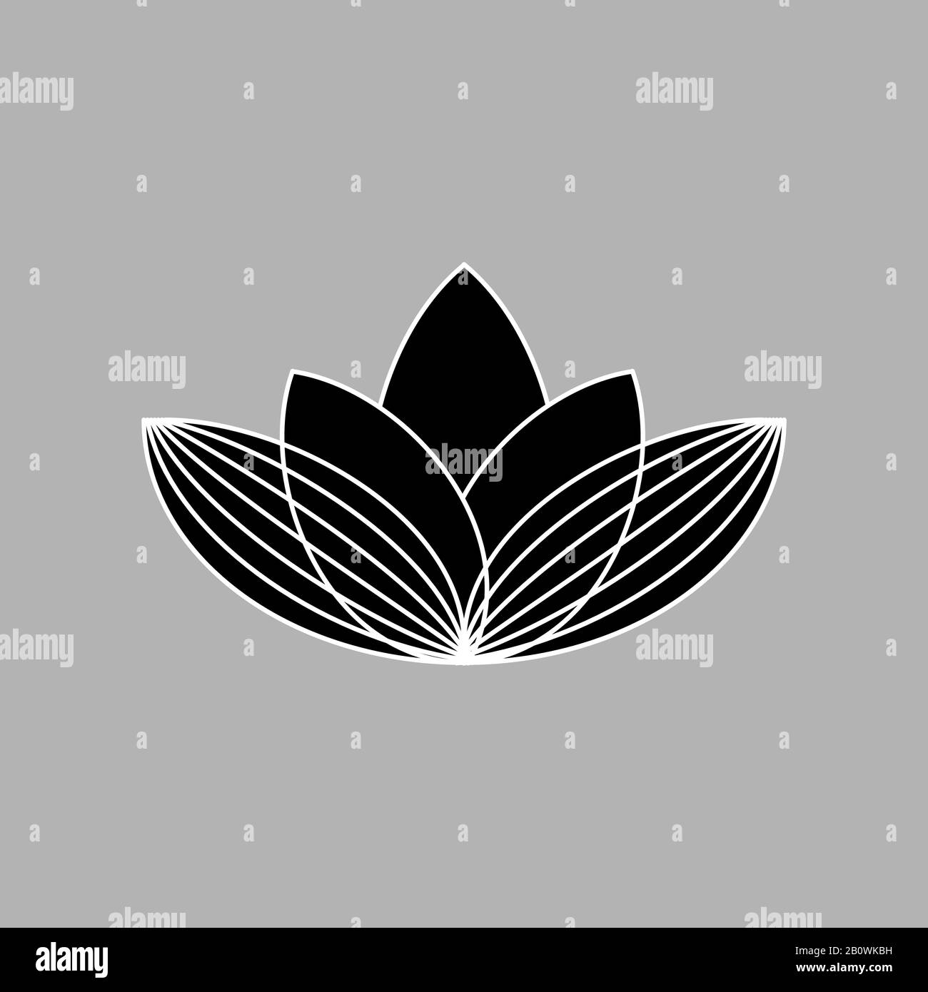 Fiore di loto. Schizzo del doodle dell'arte della linea. Contorno bianco su sfondo grigio. Lo sfondo può essere utilizzato in biglietti d'auguri, poster, volantini, banner, loghi, branding yoga ecc. illustrazione vettoriale. EPS10 Illustrazione Vettoriale