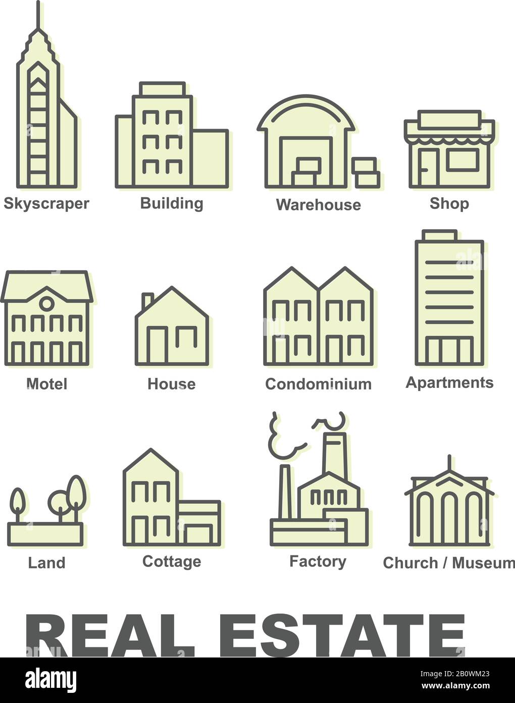 Icone immobiliari, immobili e investimenti - edifici di appartamenti, fabbrica, magazzino, condominio e grattacielo Illustrazione Vettoriale
