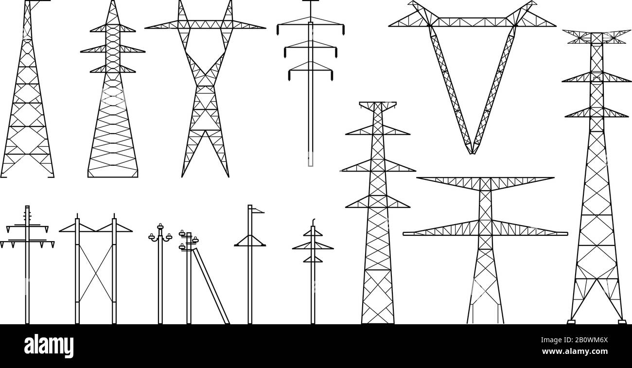 Torri tangenti, piloni elettrici ad alta tensione, linee di trasmissione di potenza, tipi di poli elettrici e torri metalliche Illustrazione Vettoriale