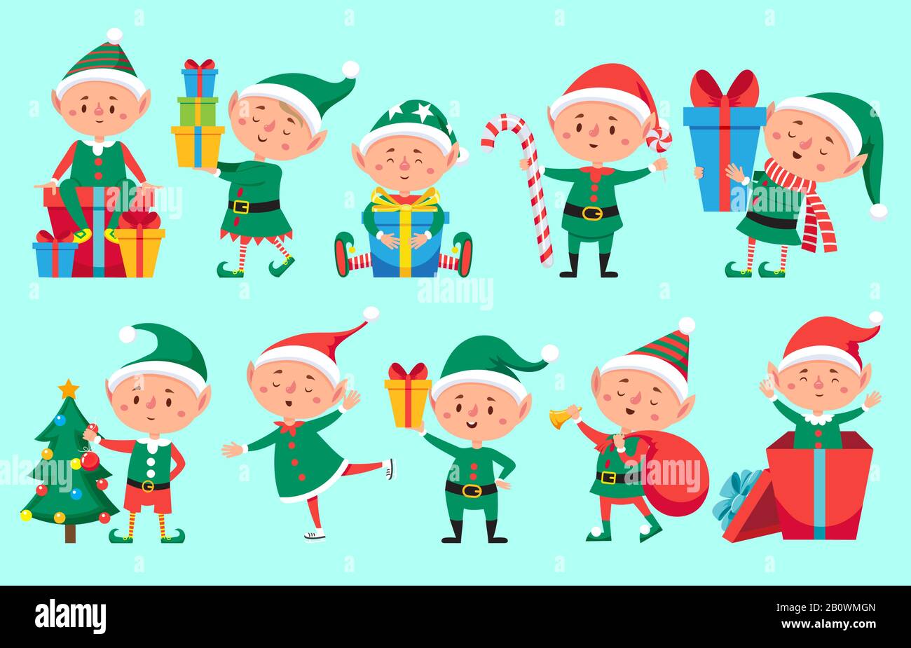 Personaggio elfo di Natale. Simpatici aiutanti di Babbo Natale. Funny Xmas winter baby nano personaggi vettore set Illustrazione Vettoriale