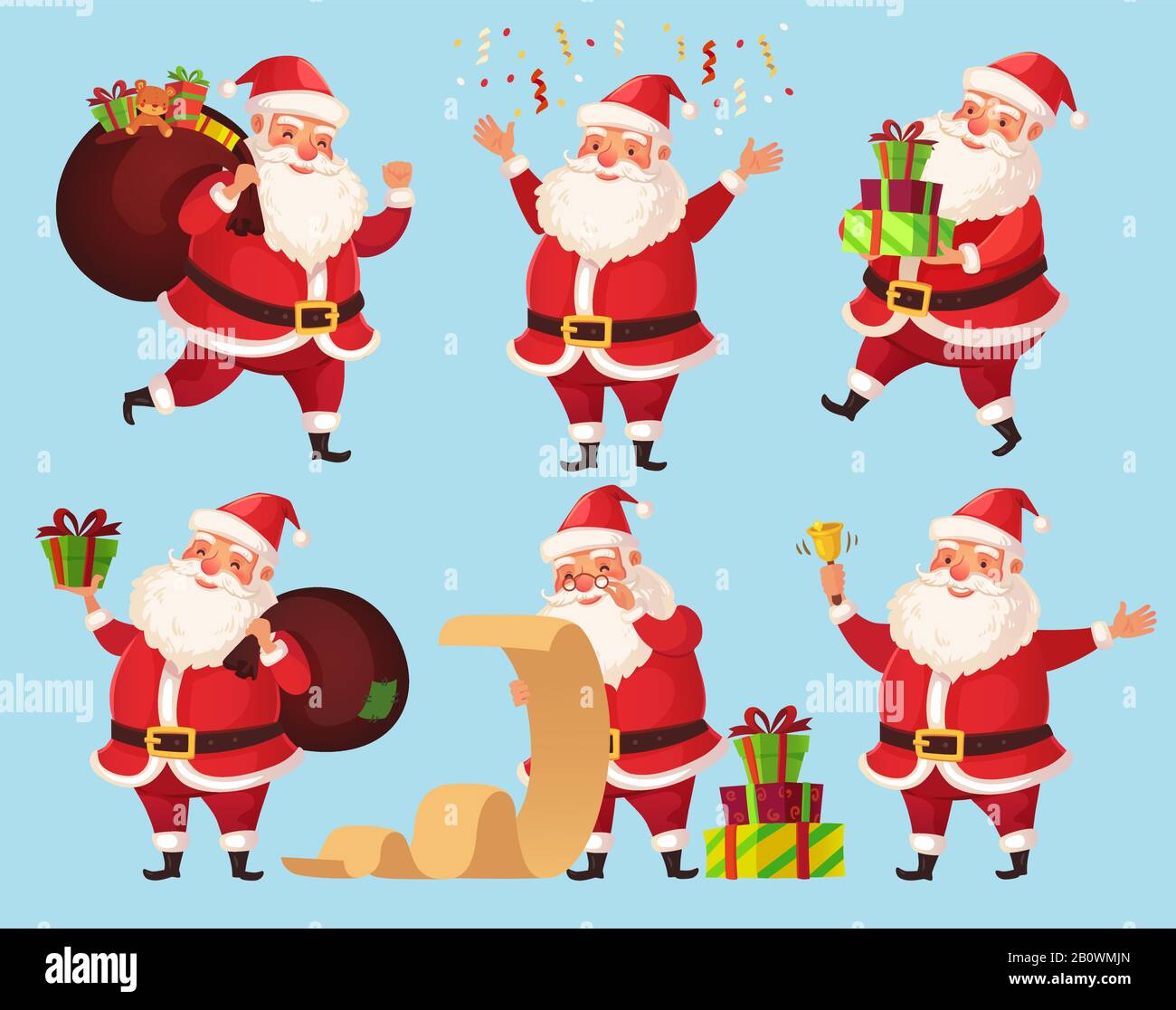 Natale personaggio cartoon Santa. Divertente Babbo Natale con regali natalizi, inverno festa personaggi vettore illustrazione set Illustrazione Vettoriale