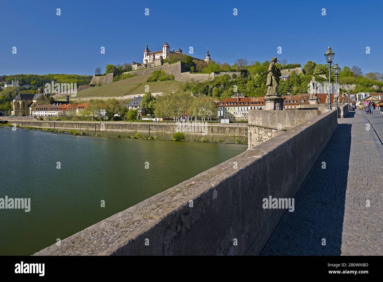 Vista sul fiume meno fino alla fortezza di Marienberg a Würzburg, Bassa Franconia, Baviera, Germania, Europa Foto Stock