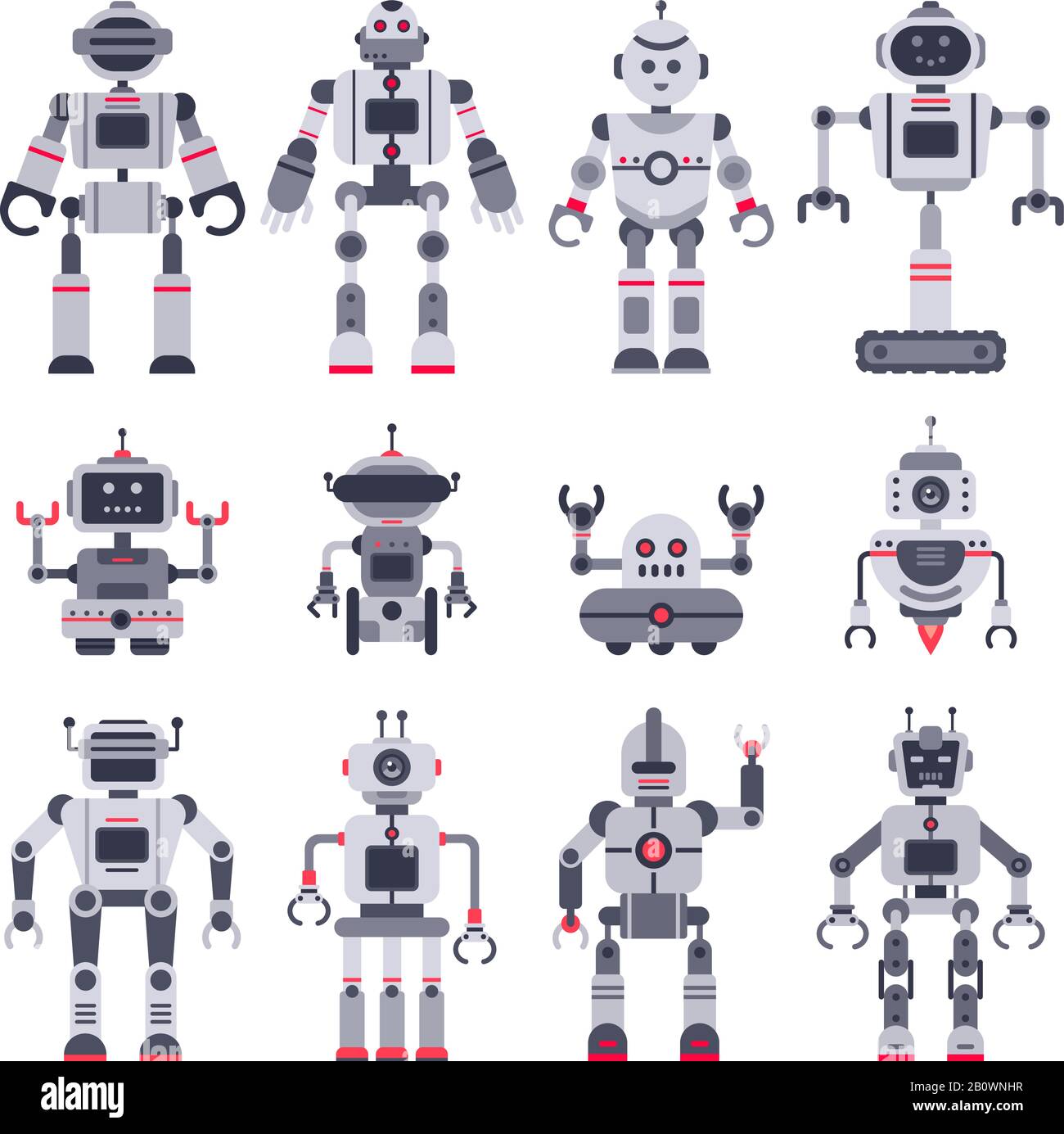 Robot piatti. Giocattoli robot elettronici, simpatici chiacchiere bot mascotte e robot giocattolo personaggi vettore illustrazione set Illustrazione Vettoriale