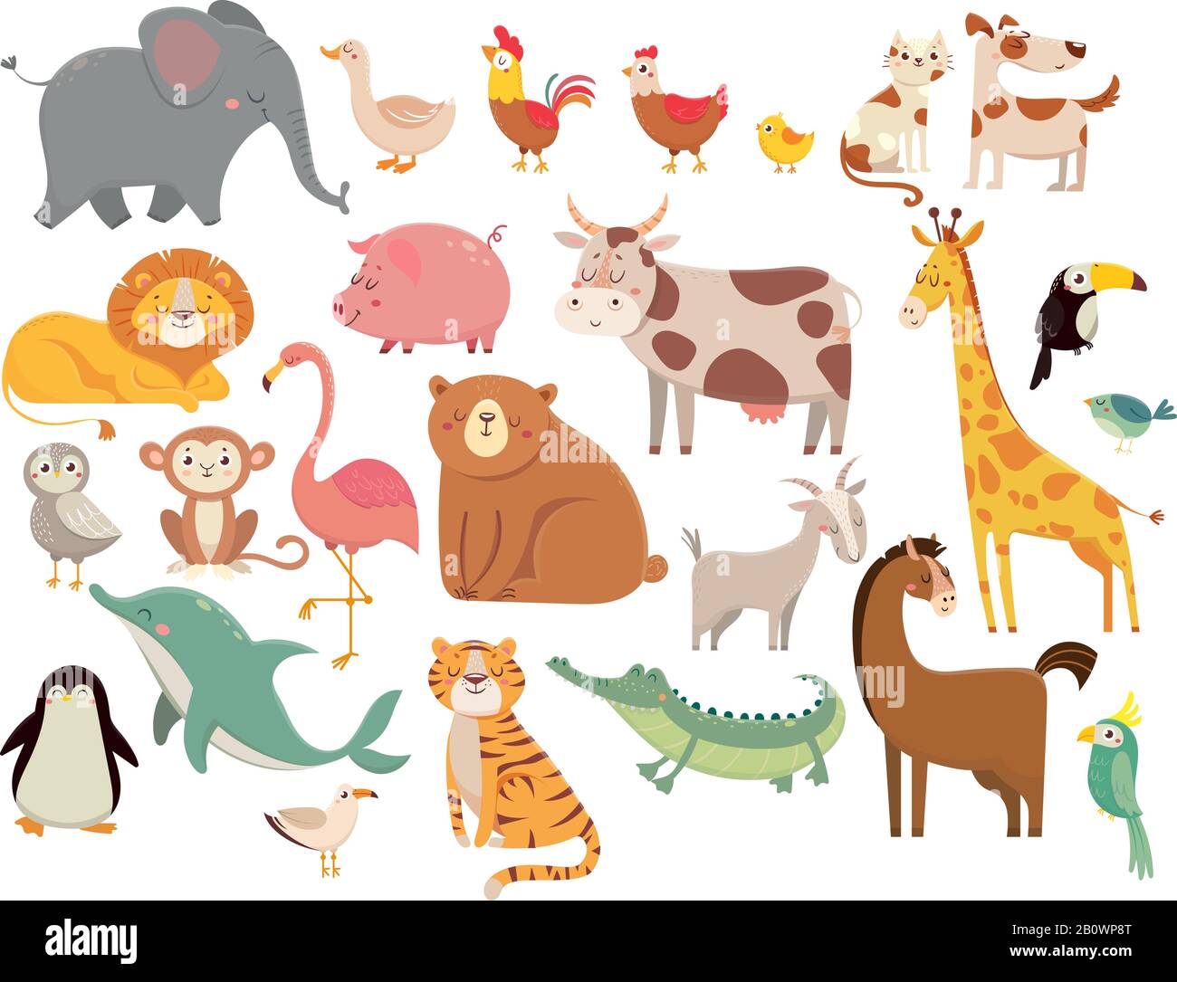 Animali di cartone animato. Cute elefante e leone, giraffe e coccodrillo, mucca e pollo, cane e gatto. Farm e savana animali set vettore Illustrazione Vettoriale