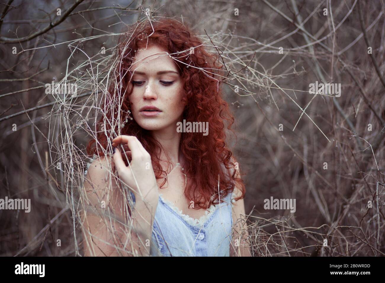 Donna con lunghi capelli rossi tra i rami, ritratto Foto Stock