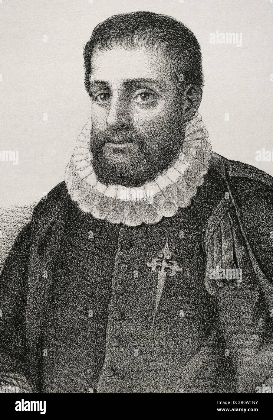 Fernando Nuñez de Guzman (ca. 1480-1553). Retorico spagnolo, chiamato Nunius Pincianus o Pinciano, e Coomander greco. Professore di greco all'Università di Alcala. Ritratto, dettaglio. Illustrazione di Llanta. Litografia. Cronica Generale De España. Historia Ilustrada y Descriptiva de sus Provincias. Asturias e Leon, 1867. Foto Stock