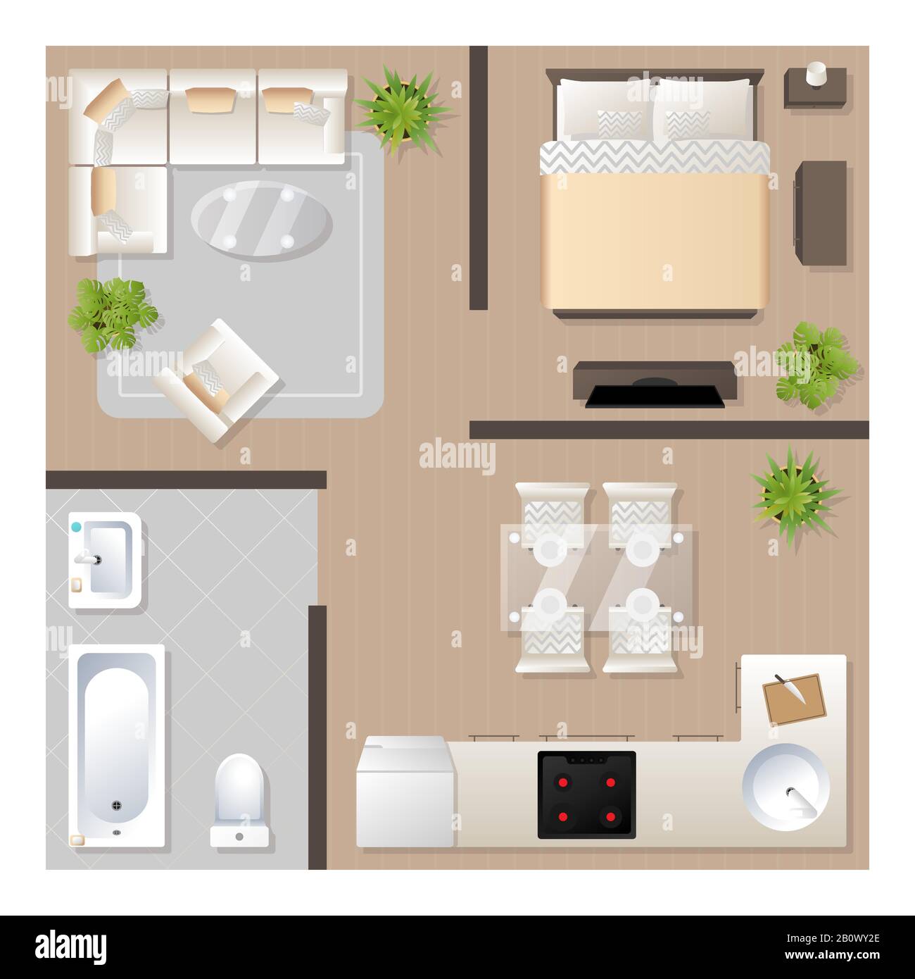 Design appartamento con mobili vista dall'alto, pianta architettonica, cucina, bagno, camera da letto e soggiorno, illustrazione vettoriale. Illustrazione Vettoriale