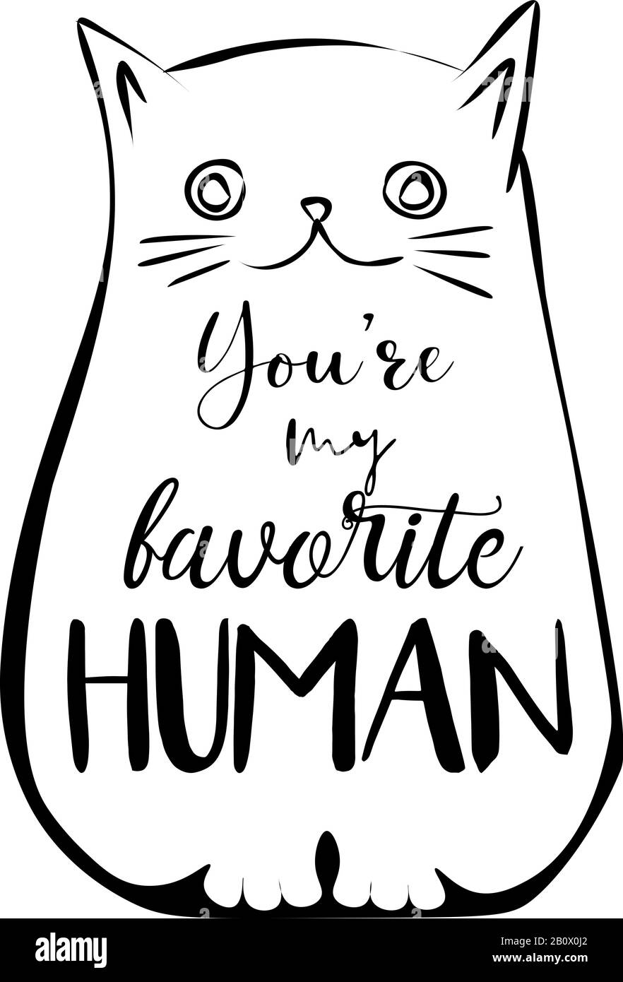 Semplice schizzo di carino gatto seduto con lettere 'sei il mio umano preferito' Illustrazione Vettoriale