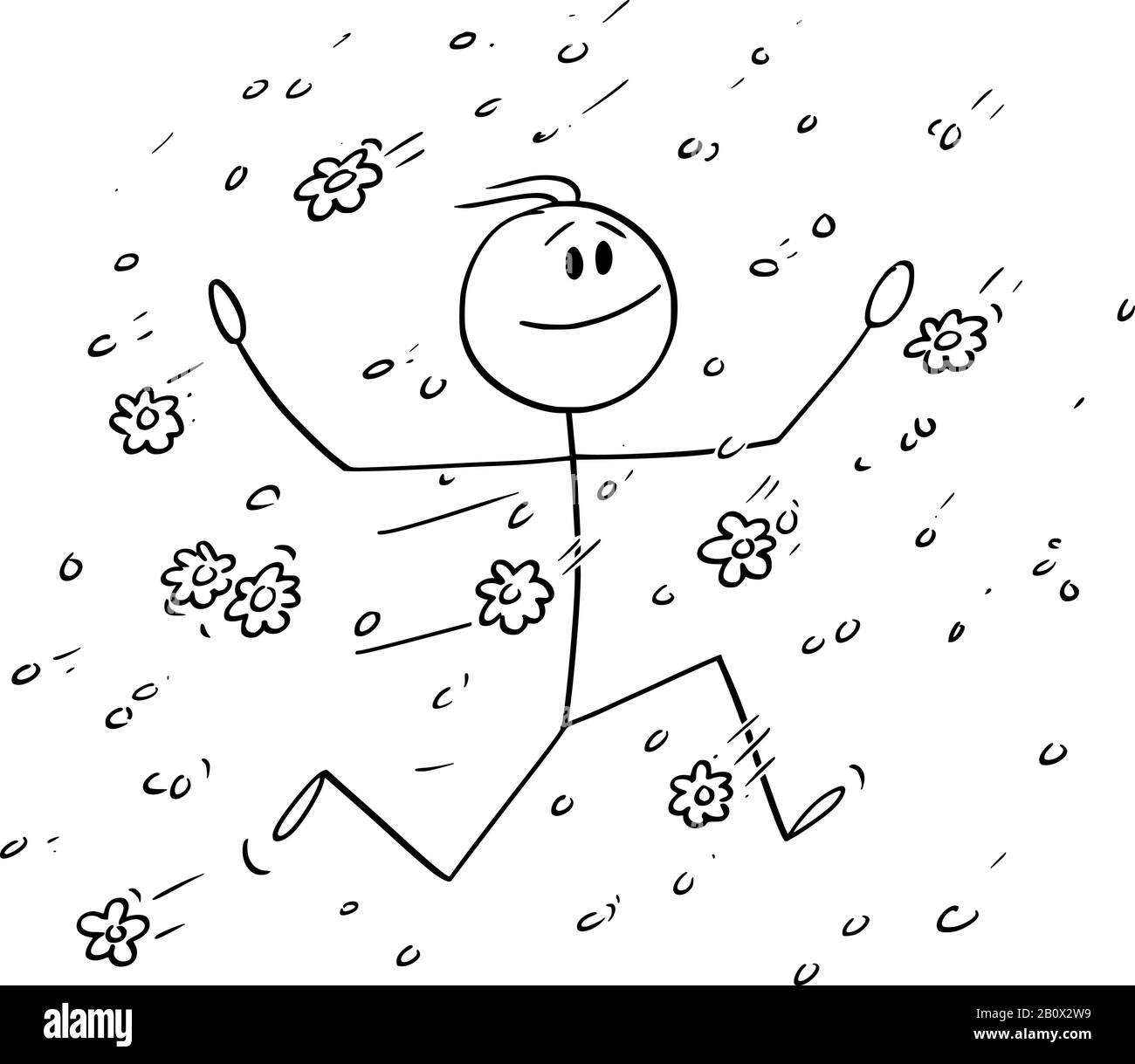 Figura del bastone del cartone animato del vettore che disegna l'illustrazione concettuale dell'uomo felice o dell'uomo d'affari che corre sotto la pioggia dei fiori cadenti, del petalo, della fioritura o della fioritura. Illustrazione Vettoriale
