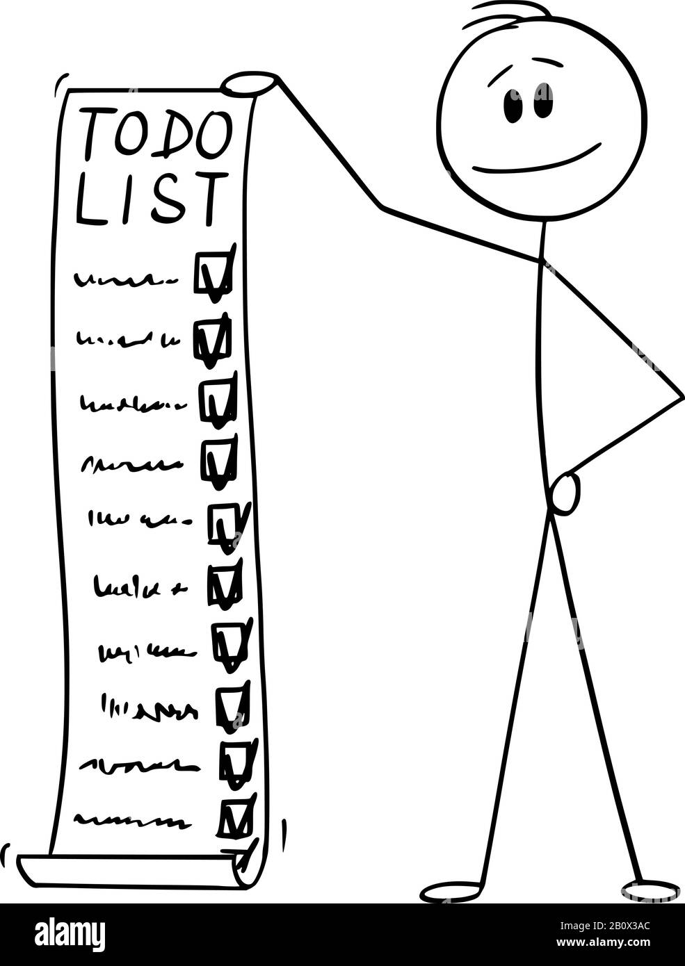 Figura del bastone del cartone animato del vettore illustrazione concettuale dell'uomo o dell'uomo d'affari che tiene il todo, elenco di cose da fare o lista di controllo con controllo delle mansioni di concorrenza. Illustrazione Vettoriale