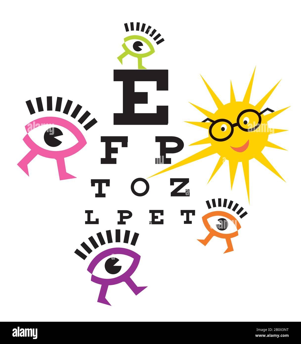 Occhi divertenti che testano la vista. Sole come medico oculare, simboli oculari, test ottico.Vector disponibile. Illustrazione Vettoriale