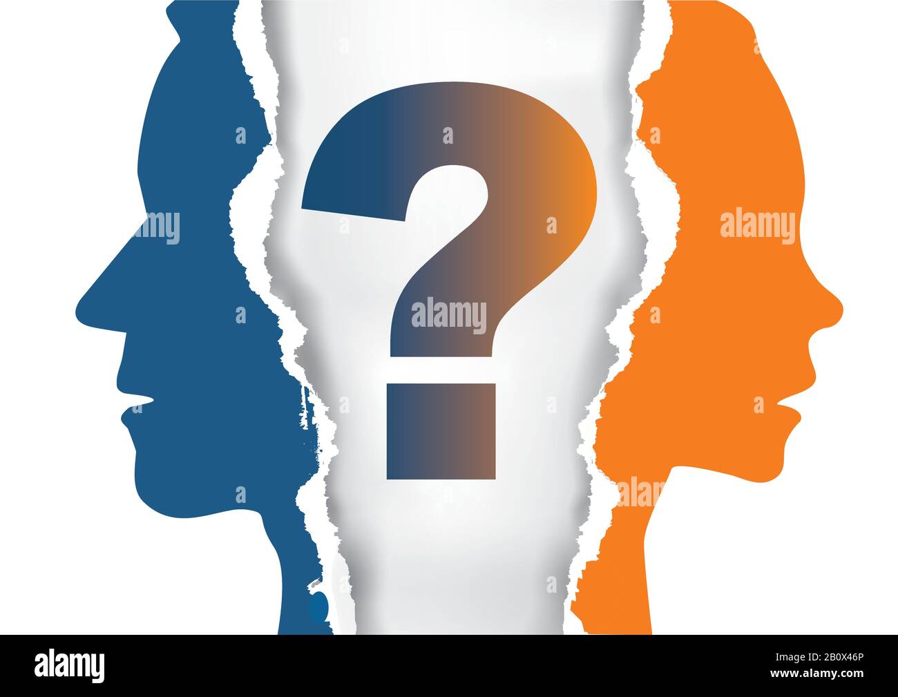 Divorzio coppia, carta strappata con punto interrogativo. Carta strappata con silhouette giovane uomo e donna che simboleggia divorziato couple.Vector disponibile. Illustrazione Vettoriale