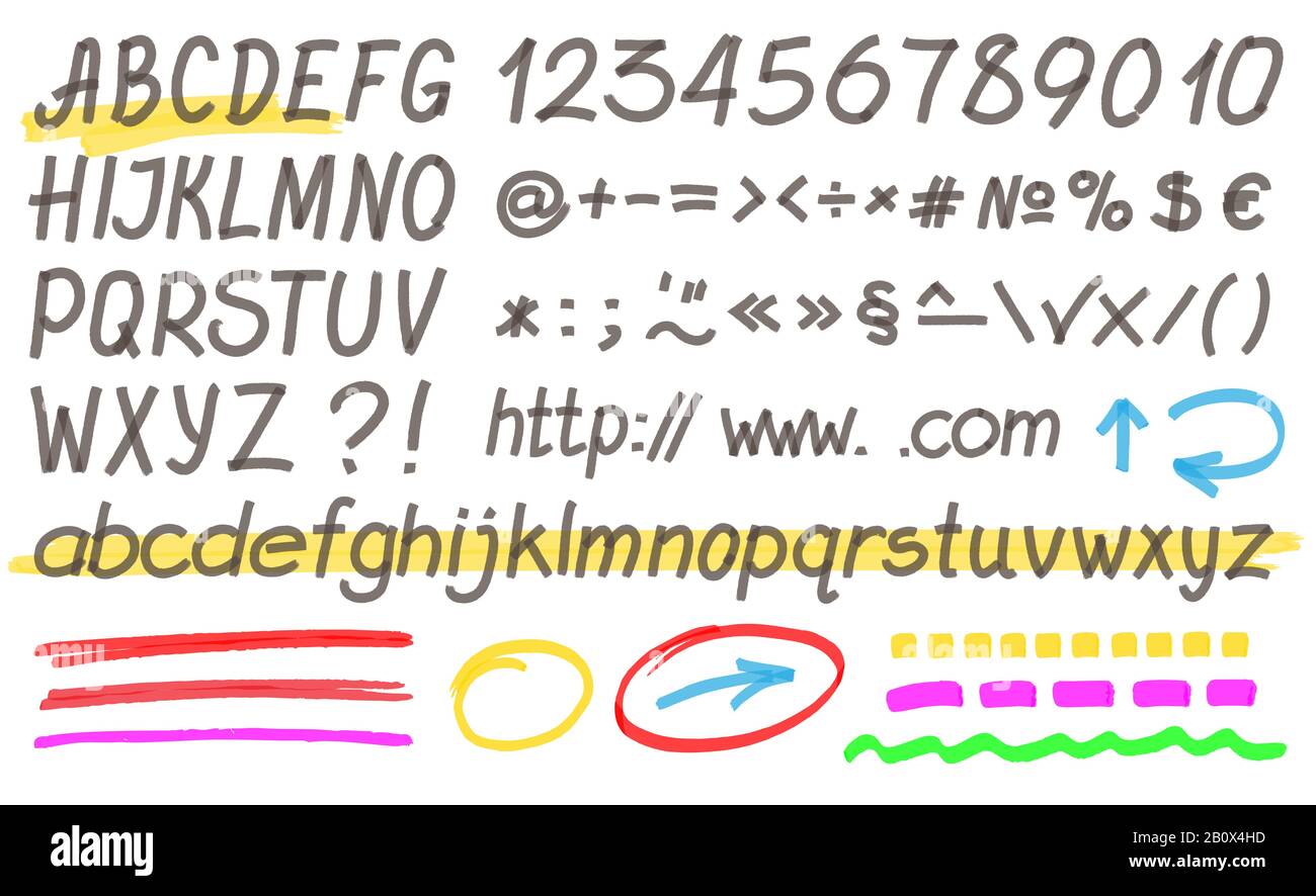 Alfabeto evidenziatore scritto a mano - lettere, numeri e simboli. Ottimizzato per le modifiche dei colori con un solo clic. Colori trasparenti vettore EPS10. Illustrazione Vettoriale