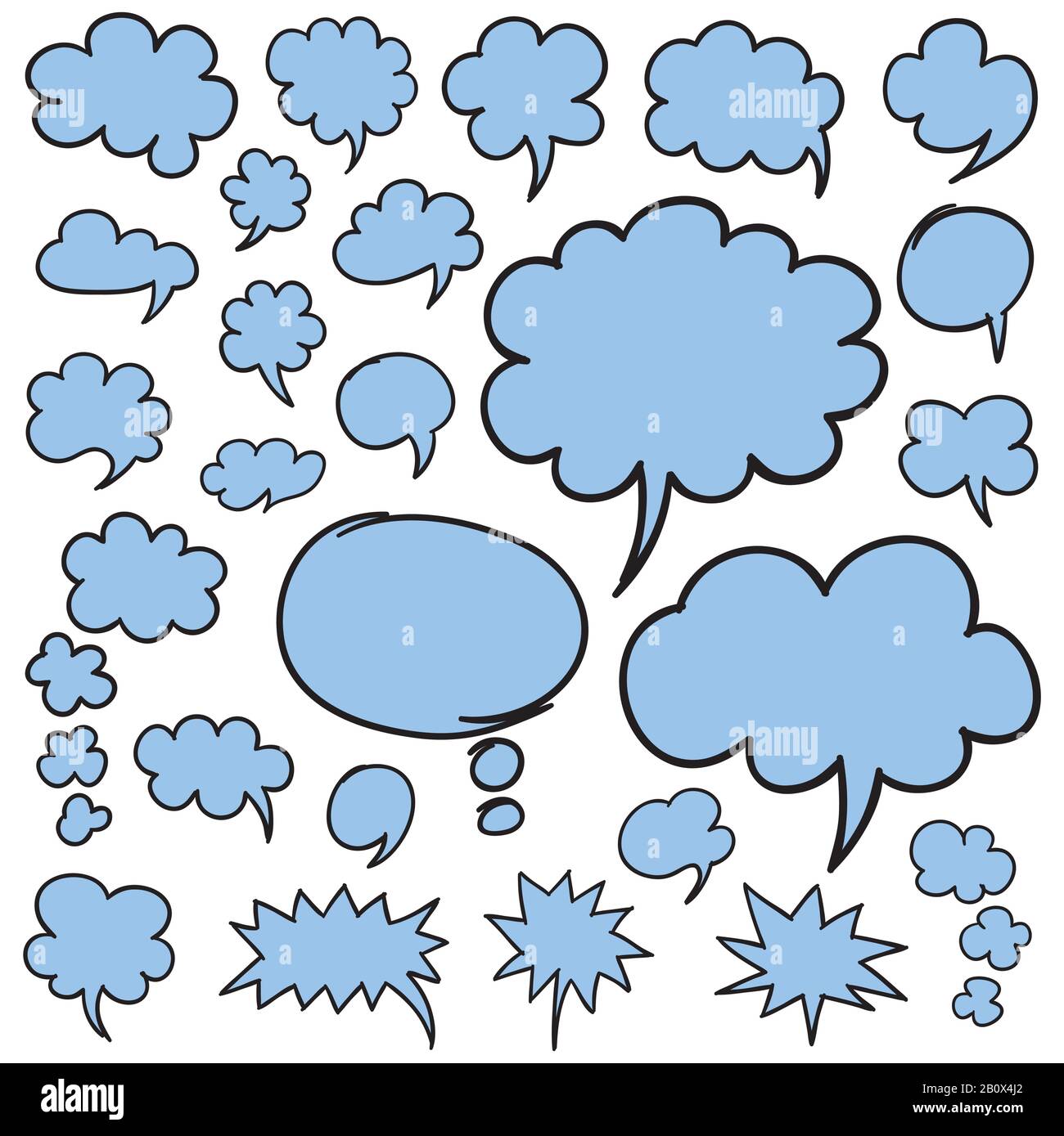 Serie di bolle di linguaggio disegnate a mano e nuvole di pensiero. Ottimizzato per semplici modifiche dei colori. Vettore EPS8. Illustrazione Vettoriale