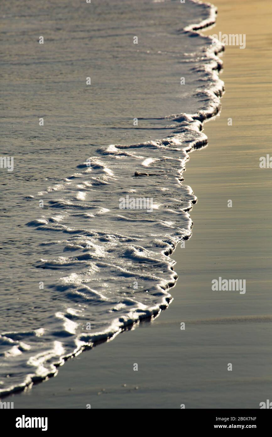 Acqua e schiuma che spazzano attraverso sabbia a bassa marea. Dorset Inghilterra GB Foto Stock