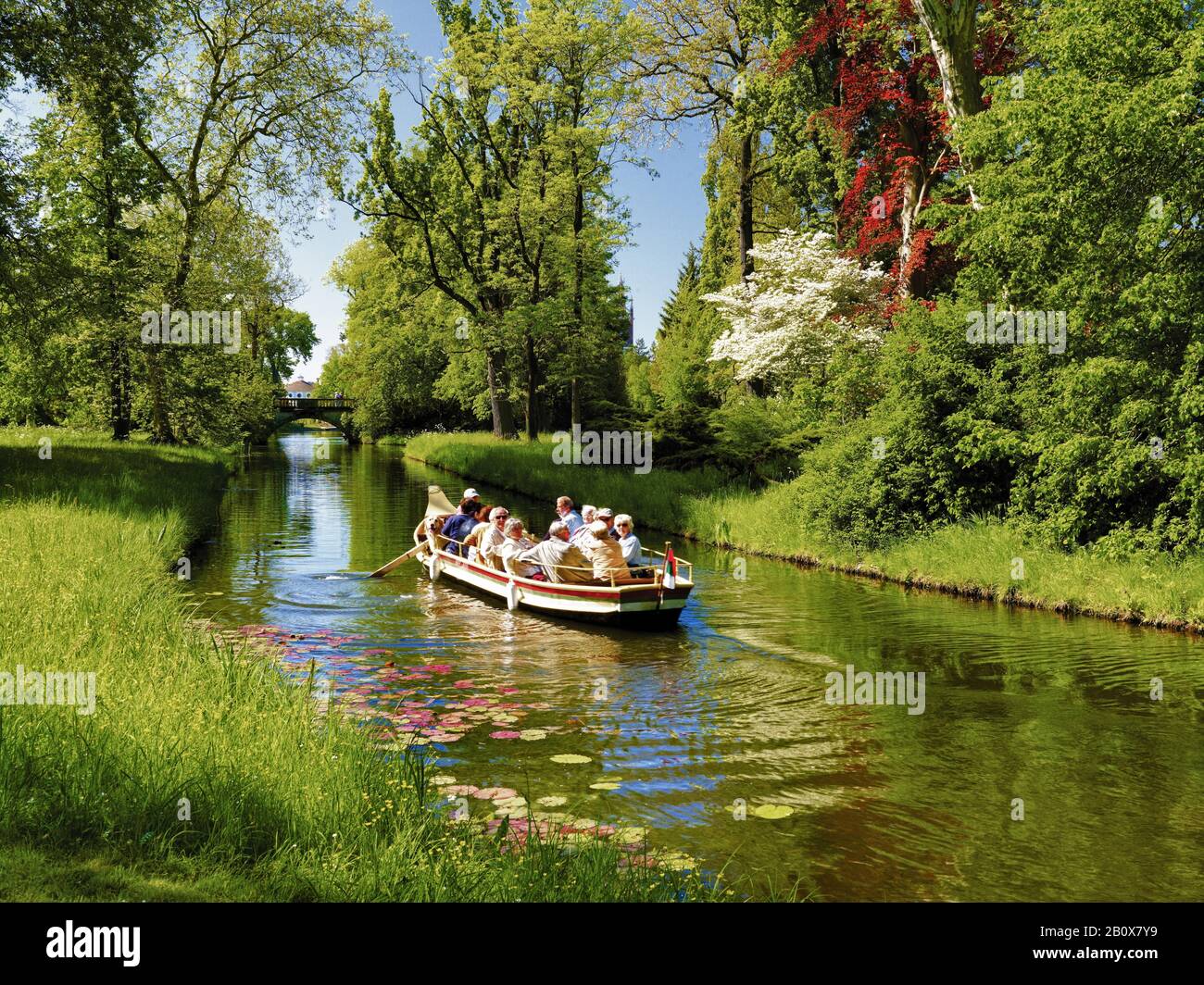 Gita in barca sul canale con il nuovo ponte nel Parco di Wörlitz, Wörlitz, Sassonia-Anhalt, Germania, Foto Stock