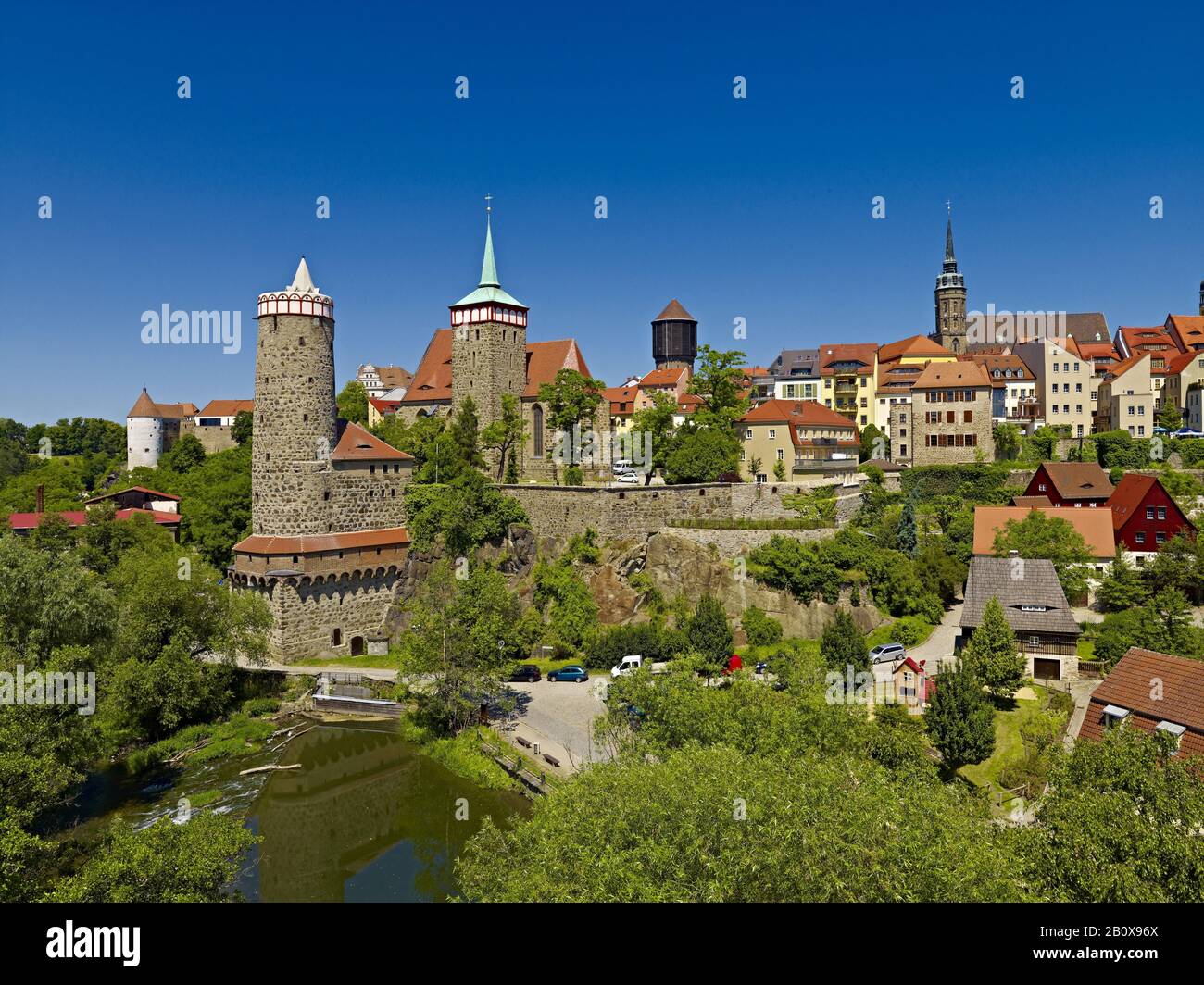 Vecchia arte acquatica con Michaeliskirche, Bautzen, alta Lusazia, Sassonia, Germania, Foto Stock