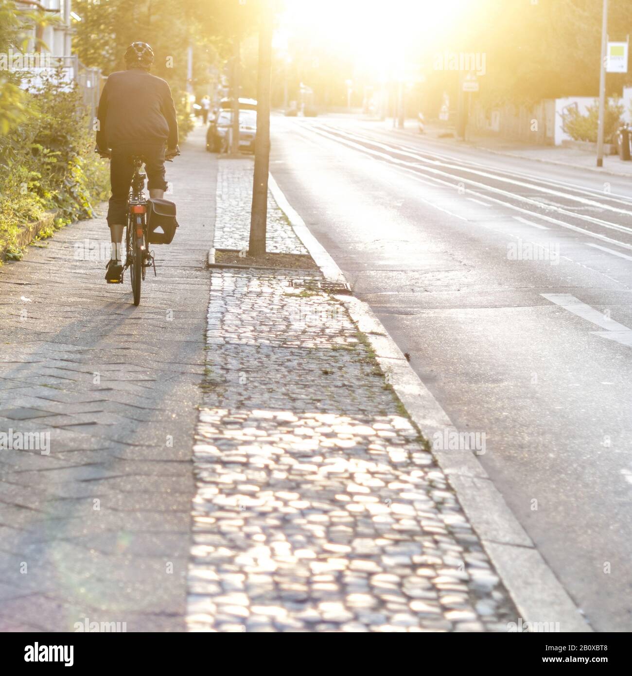 Il ciclista guida verso il sole Foto Stock