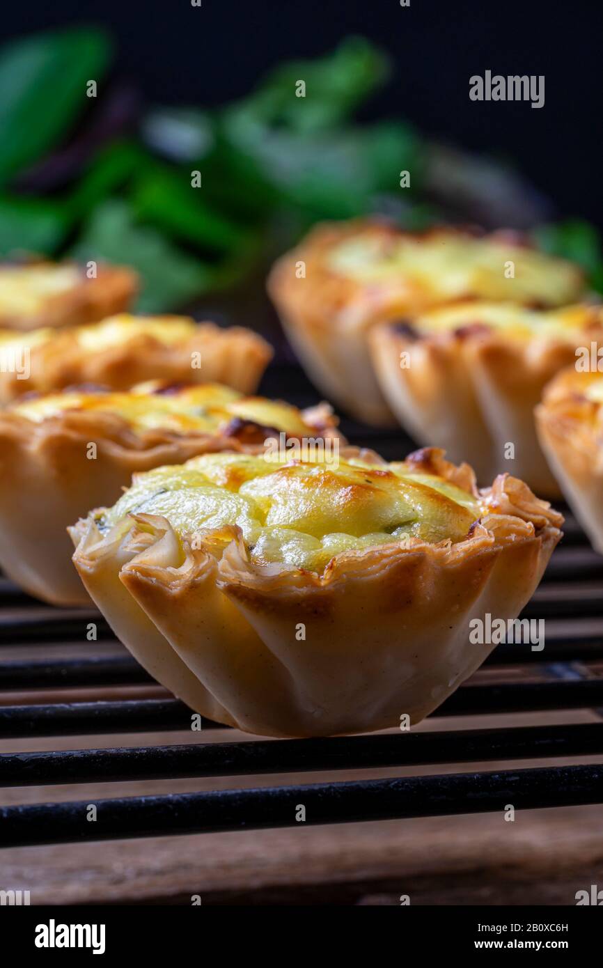 Tazze di pasta filata riempite con miscela feta su una griglia di raffreddamento nera. Foto Stock