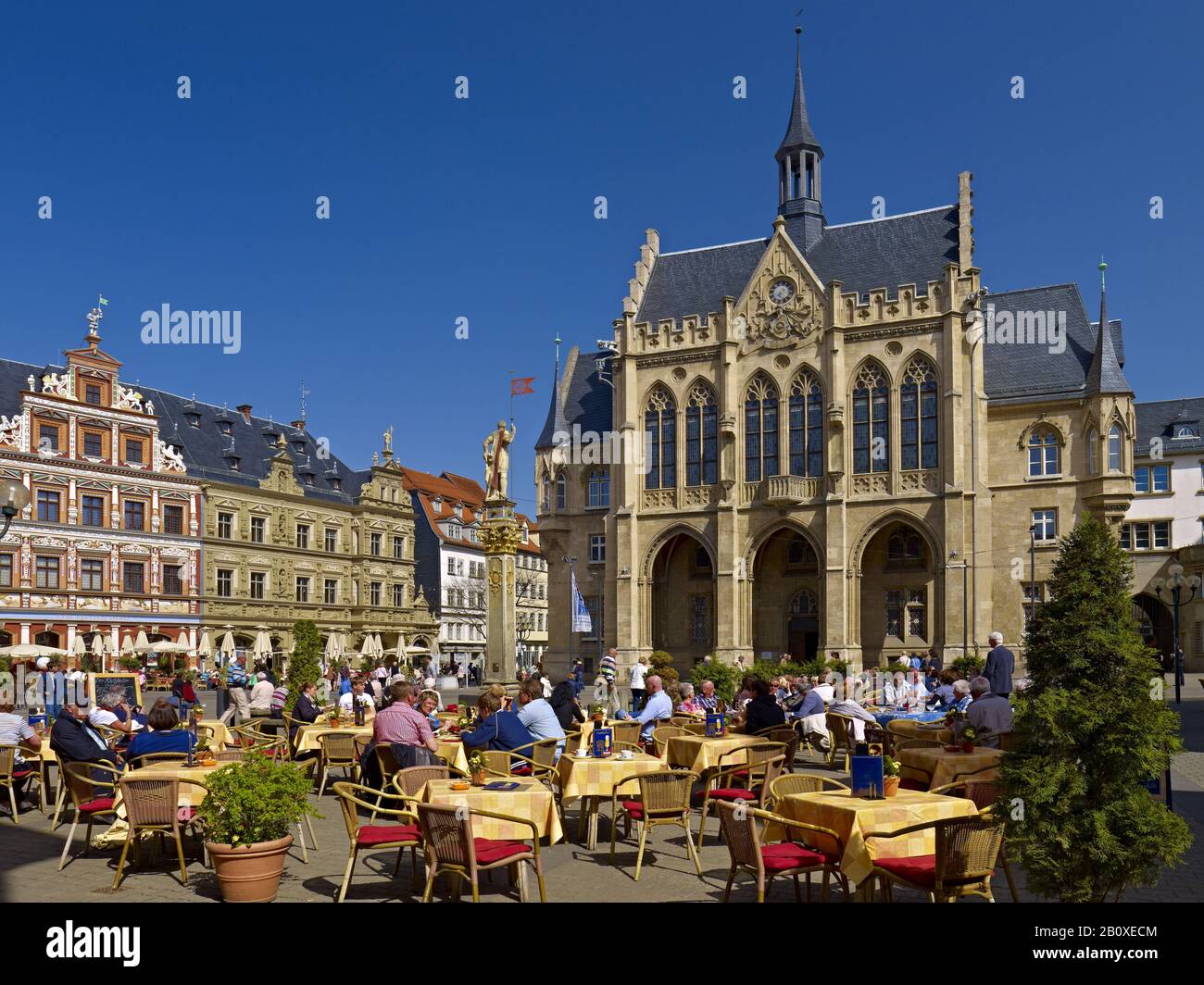 Mercato del pesce, municipio e Haus zum Breiten Herd, Street cafe, Erfurt, Turingia, Germania, Foto Stock
