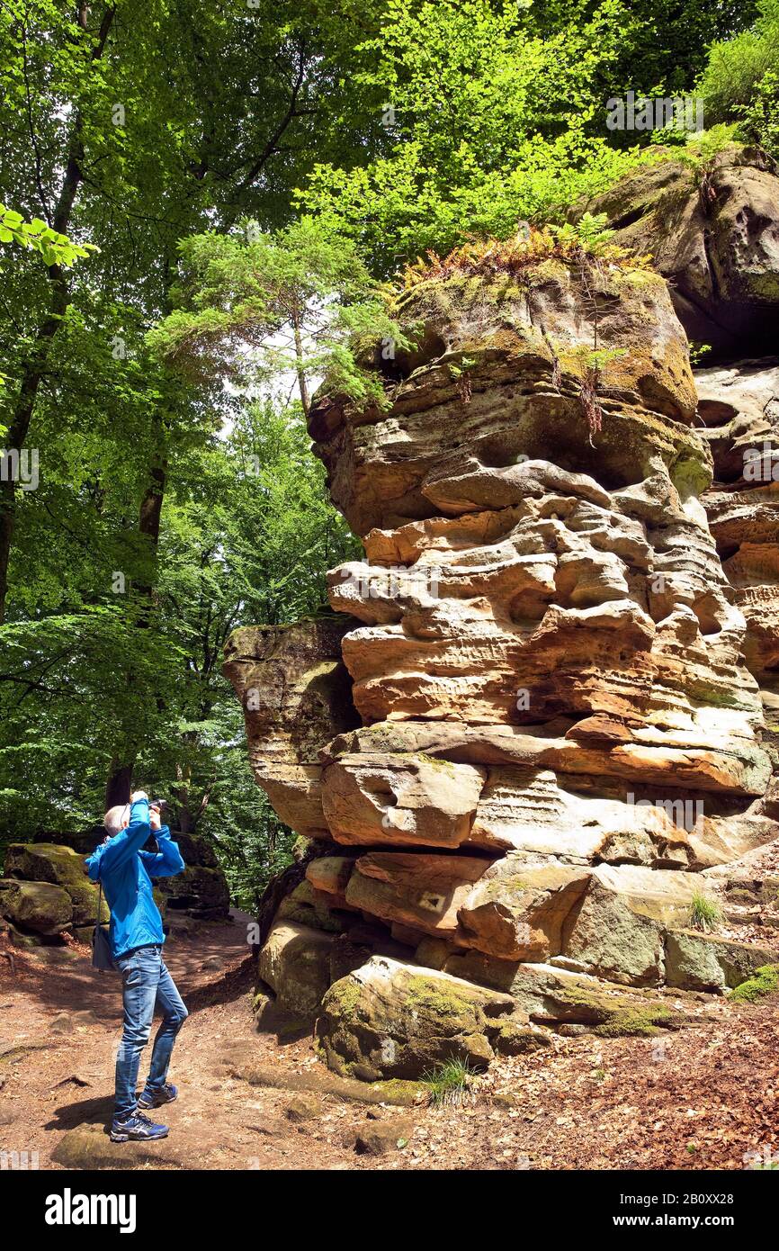 Uomo che scatta foto nella Gola del Diavolo nel Parco Naturale dell'Eifel del Sud, Germania, Renania-Palatinato, Eifel, Irrel Foto Stock