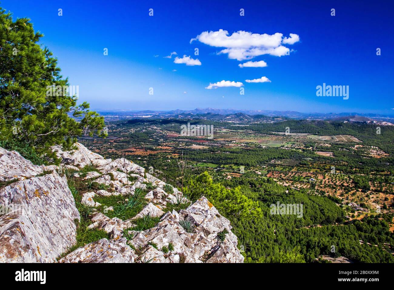 Vista dal monastero Santuari de Sant Salvador, Spagna, Isole Baleari, Maiorca, Felanitx Foto Stock