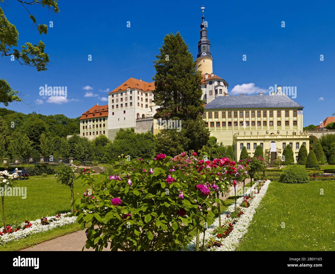 Castello di Weesenstein con giardino barocco a Müglitztal, Sassonia, Germania, Foto Stock