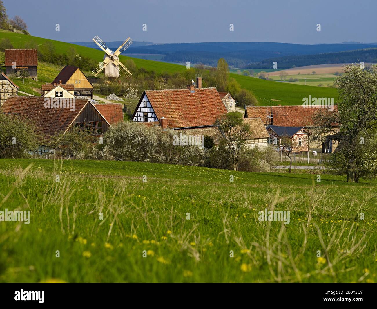 Museo all'aperto Hohenfelden con mulino postale, Hohenfelden, Ilmkreis, Turingia, Germania, Foto Stock